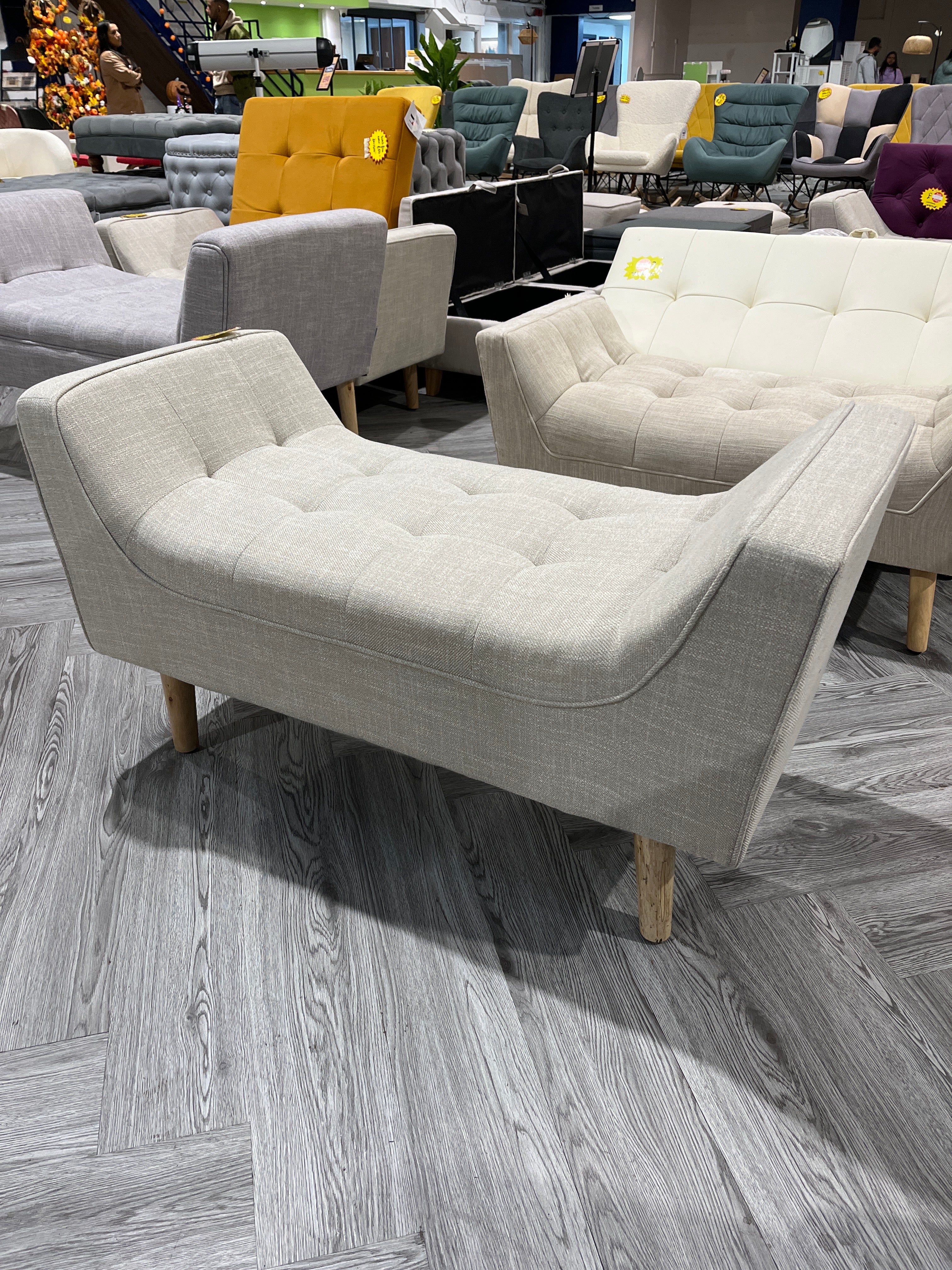 Beige Soft Chenille Upholstered Bench with Natural Colour Wooden Legs