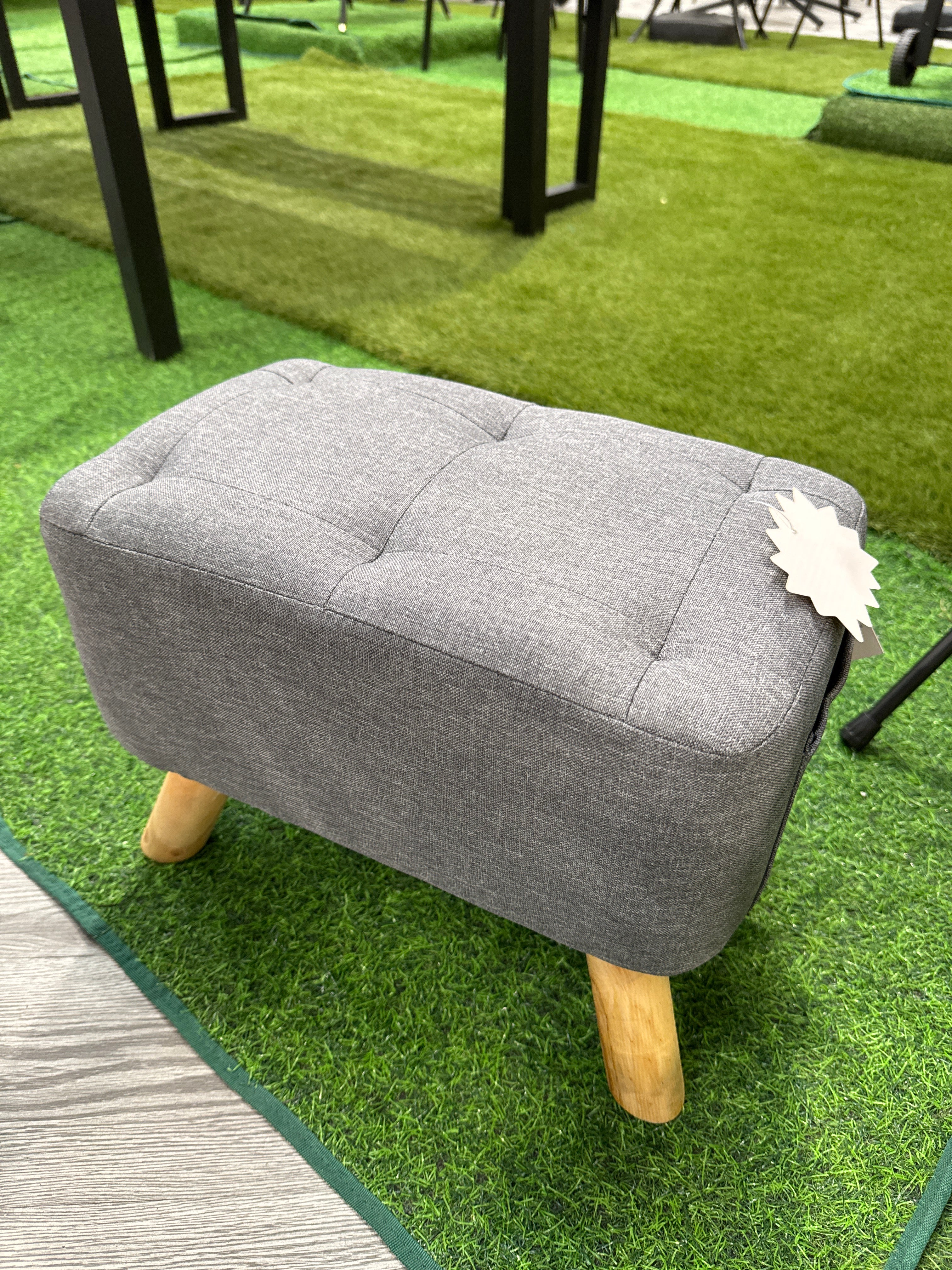Grey Linen Fabric Upholstered Footstool with Wooden Legs and Side Pocket