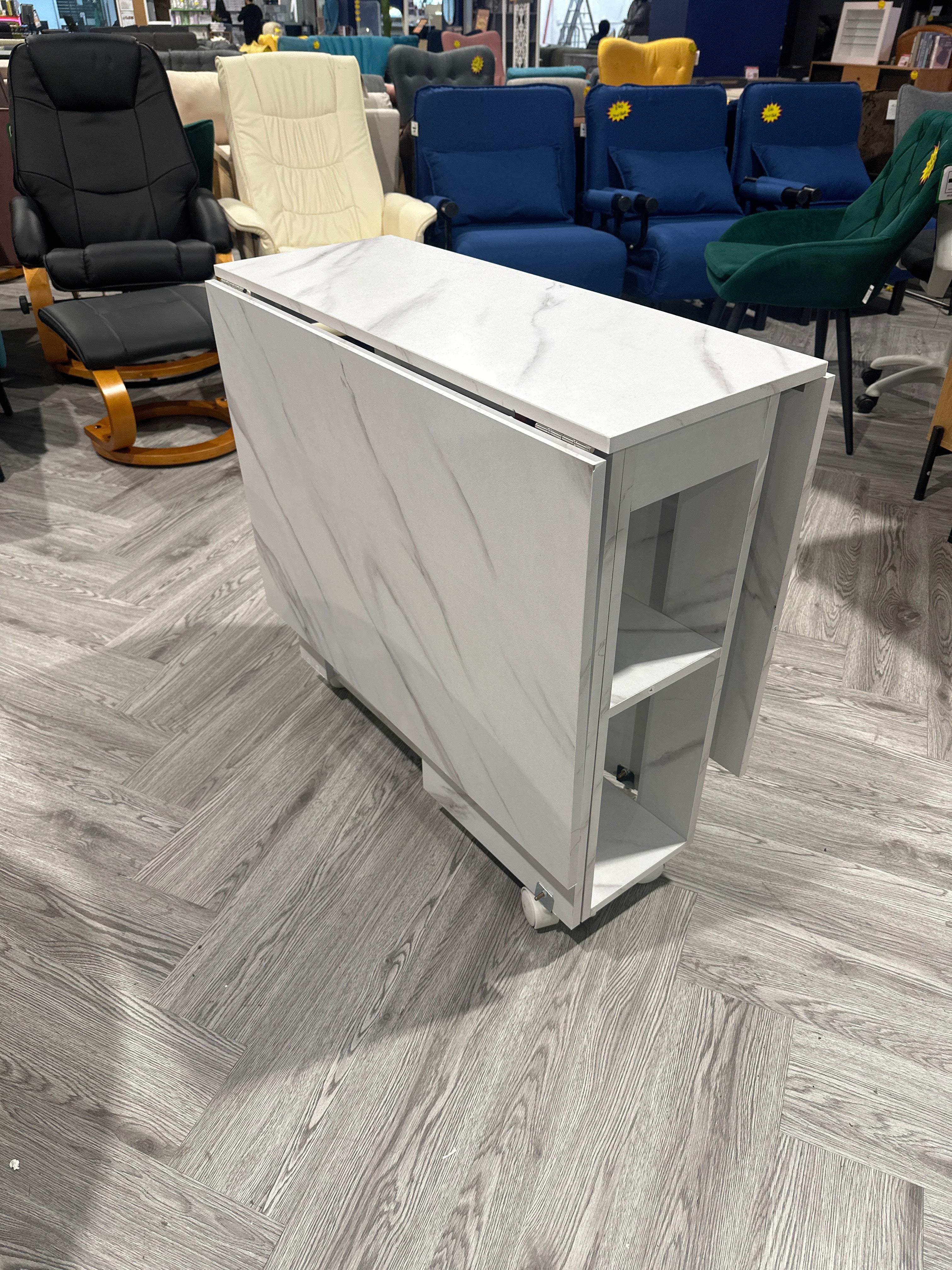 Expandable Drop Leaf Dining Table with Storage Shelves and Wheels