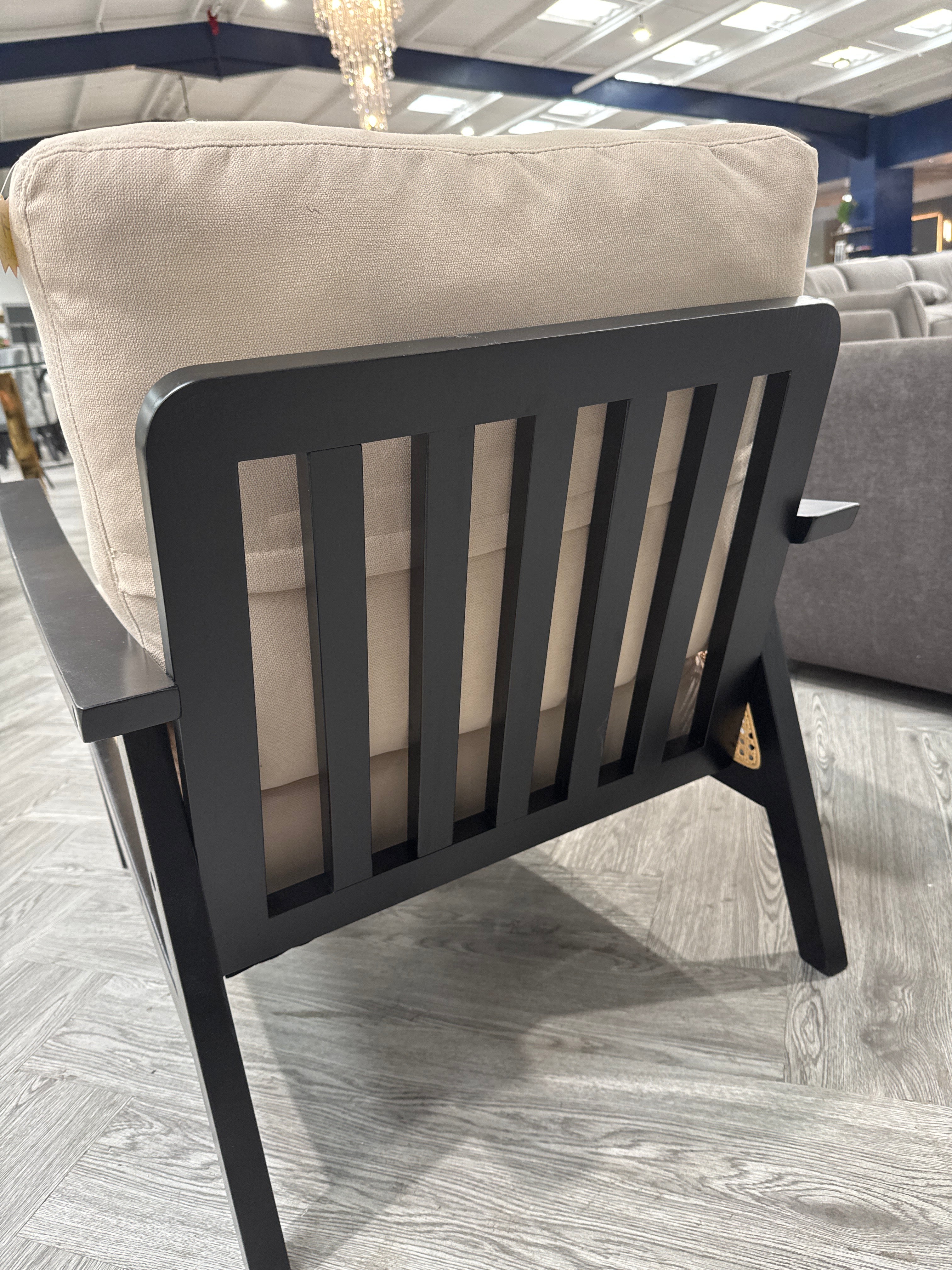 Beige Upholstered Mid Century Rattan Chair