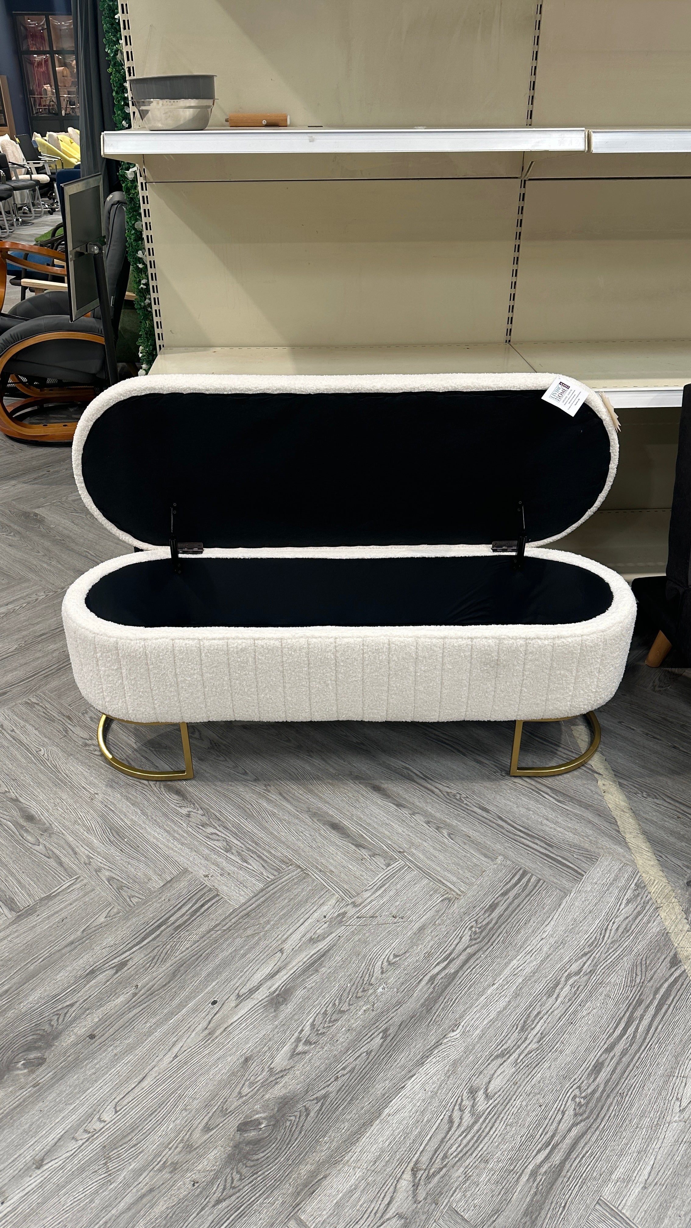 White Upholstered Oval Storage Bench Foot Rest with Gold Legs