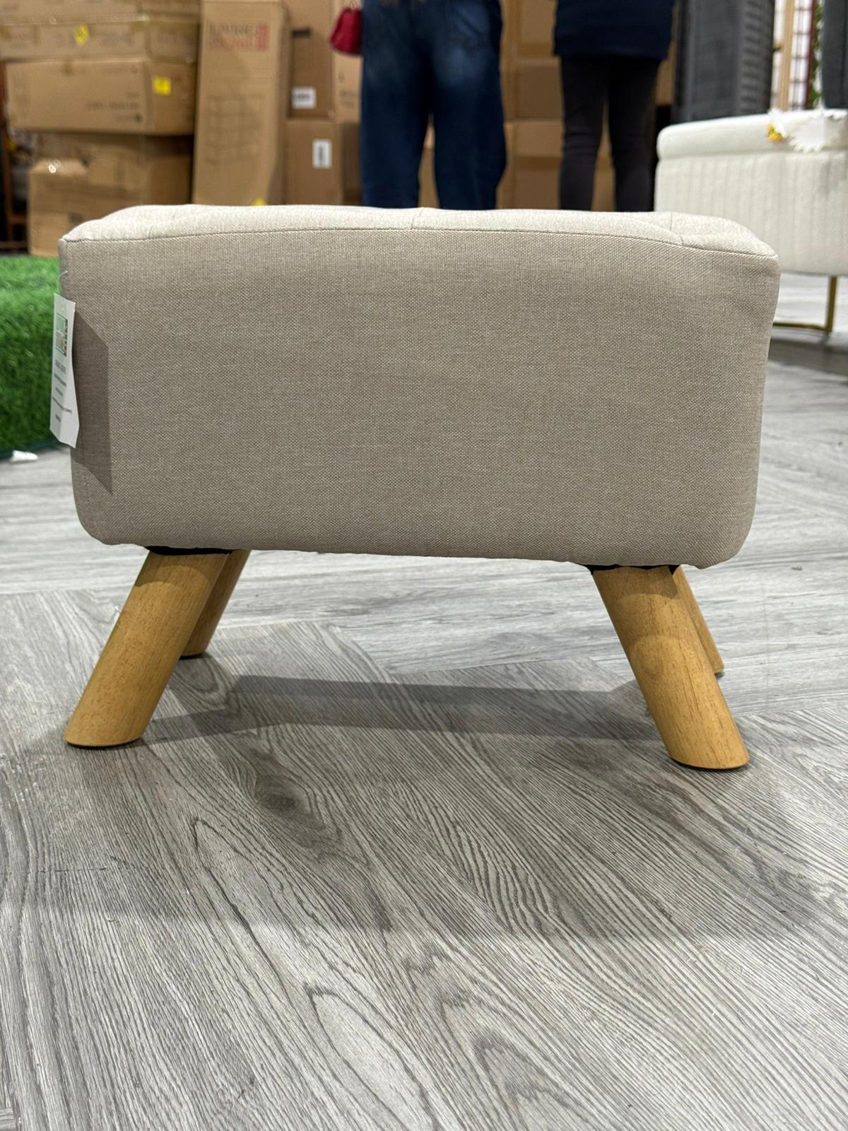 Khaki Footstool with Side Pocket and Wooden Legs