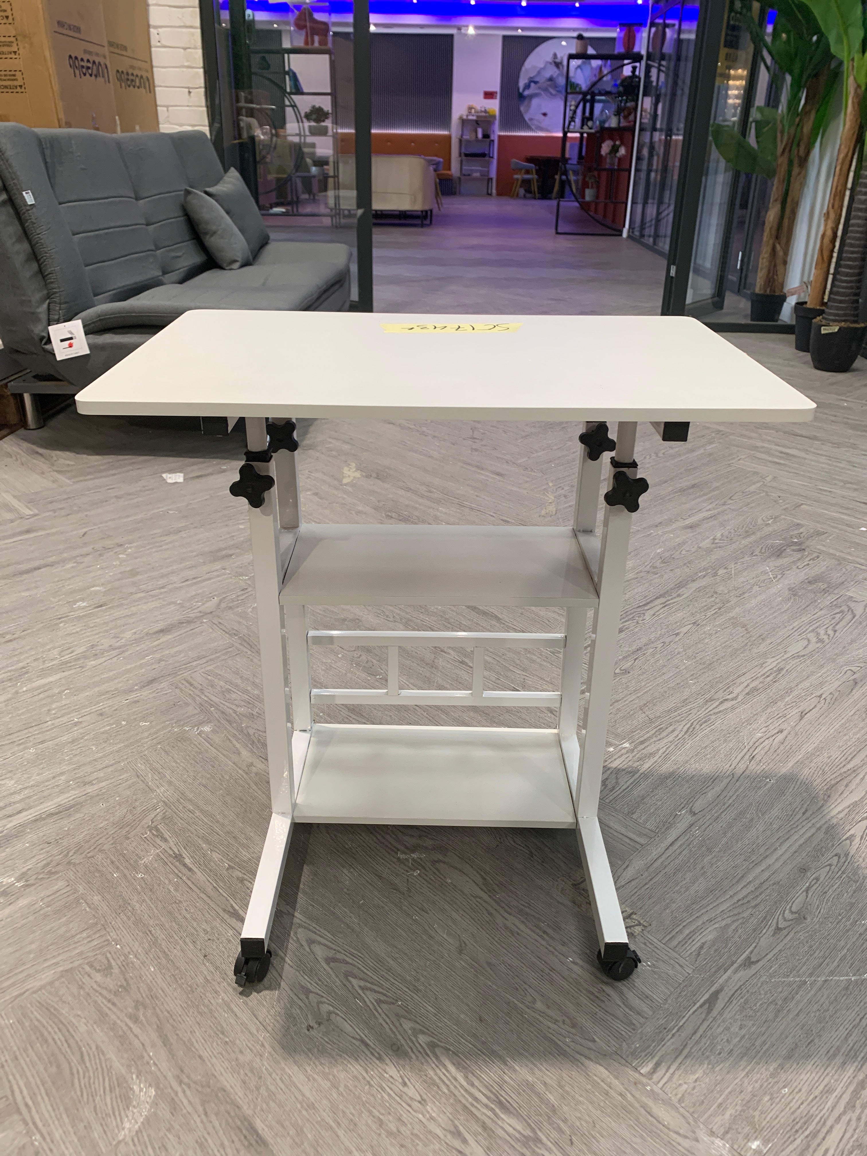 Height Adjustable Mobile Table with Shelves White