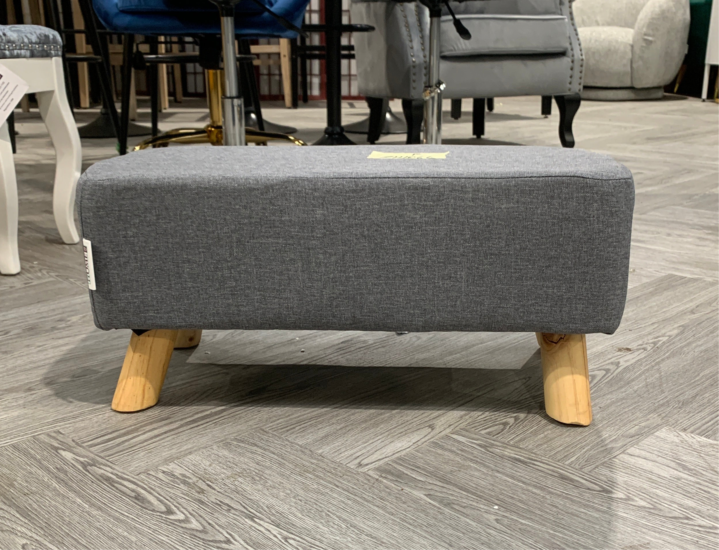 Grey Rectangular Tofu-shaped Footrest with Solid Wooden Legs