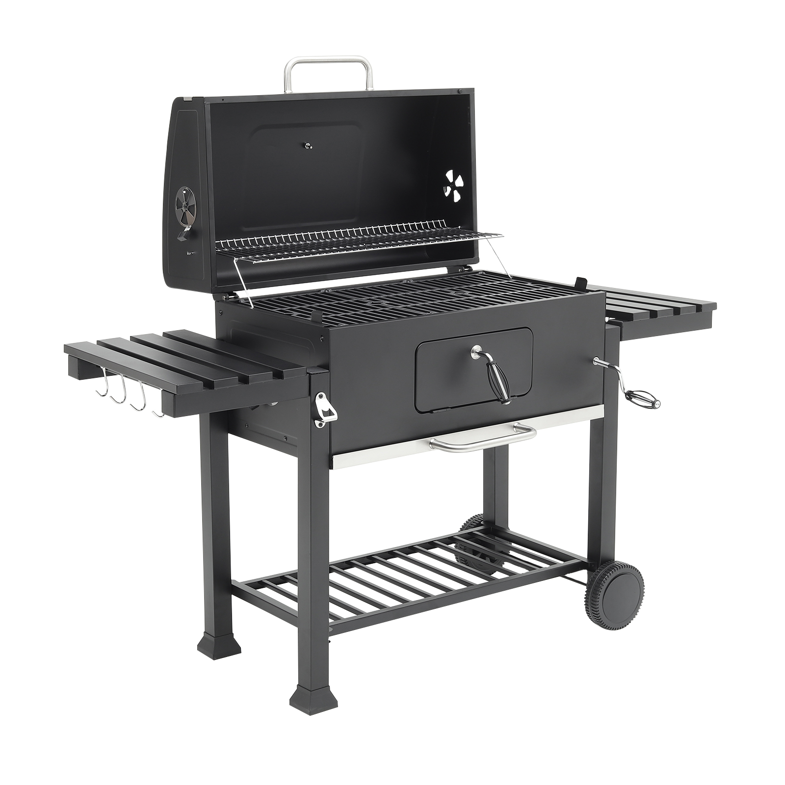 Barrel Charcoal Outdoor Grill with Side Shelves 160cm W