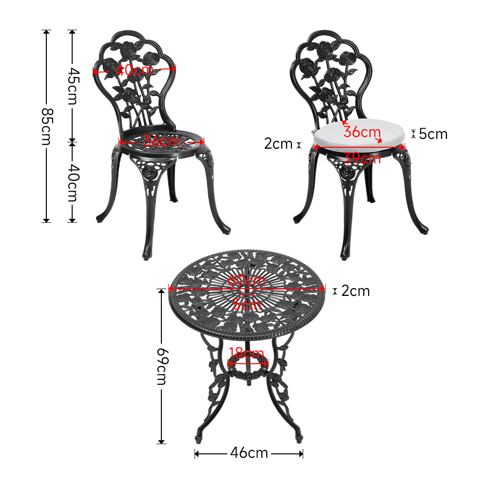 Set of 3 Cast Aluminium Outdoor Bistro Dining Set Rose