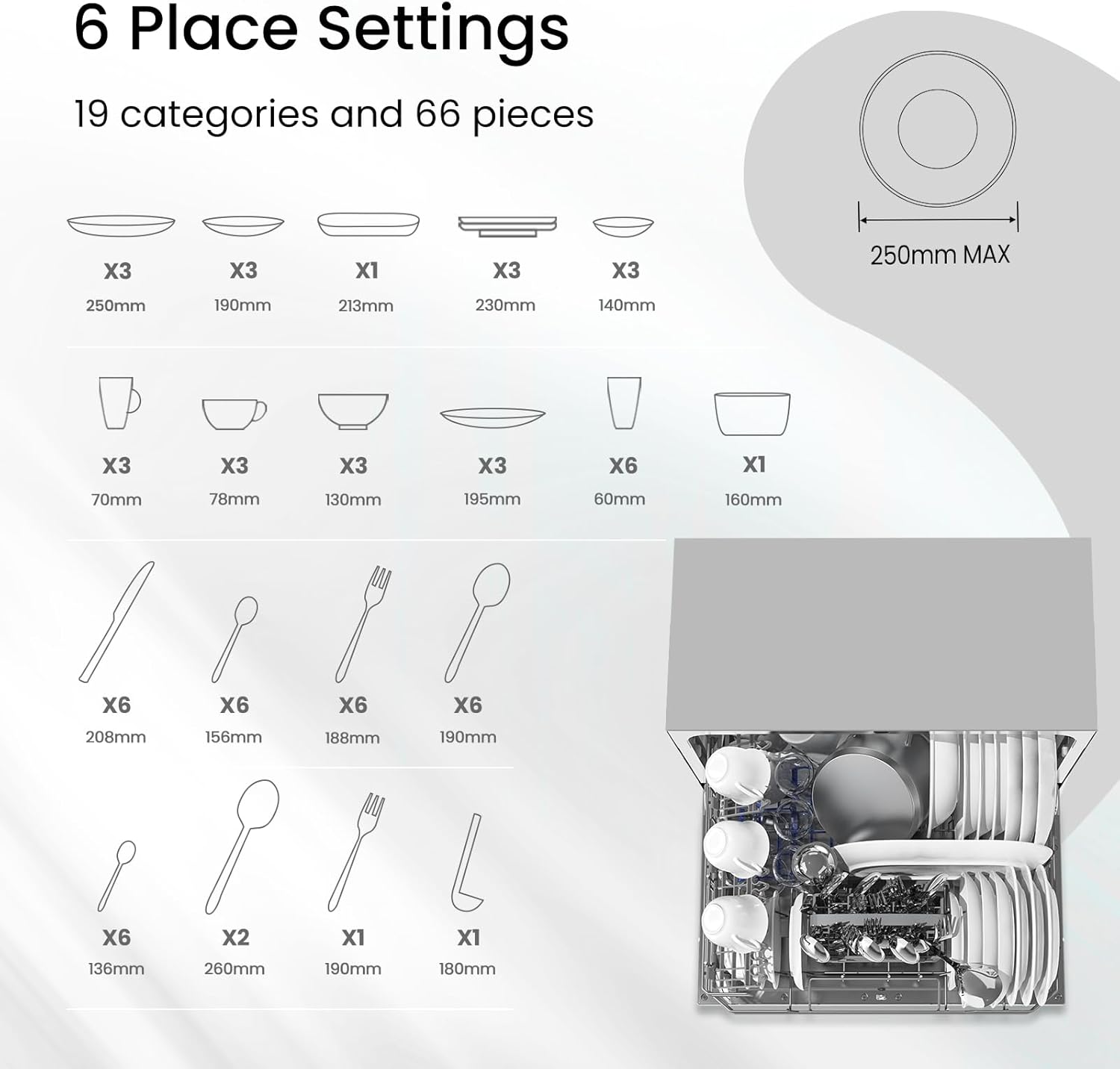 6.5L Freestanding Compact Silver Dishwasher with LED display