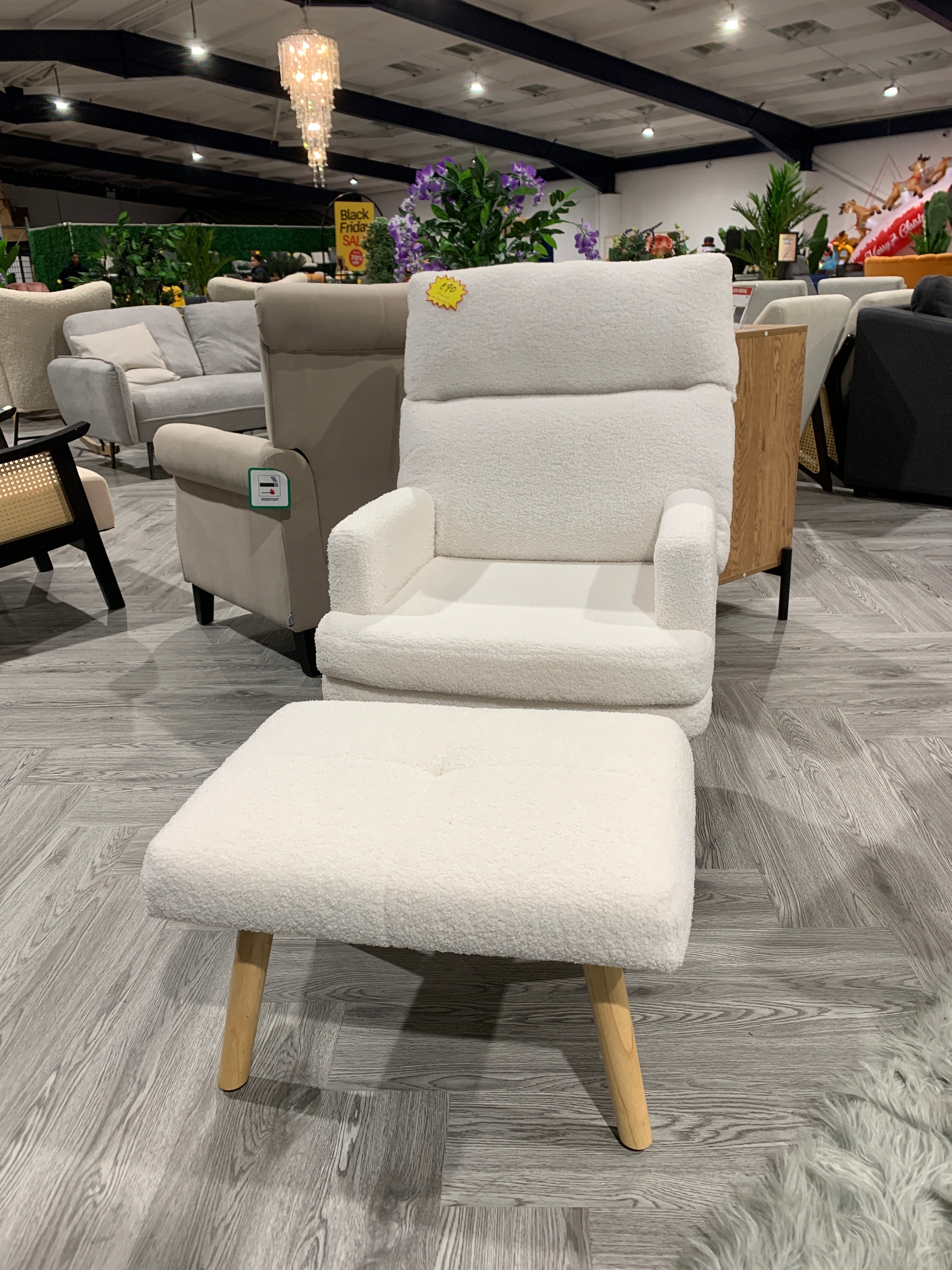 White Sherpa Lounge Chair with Footstool