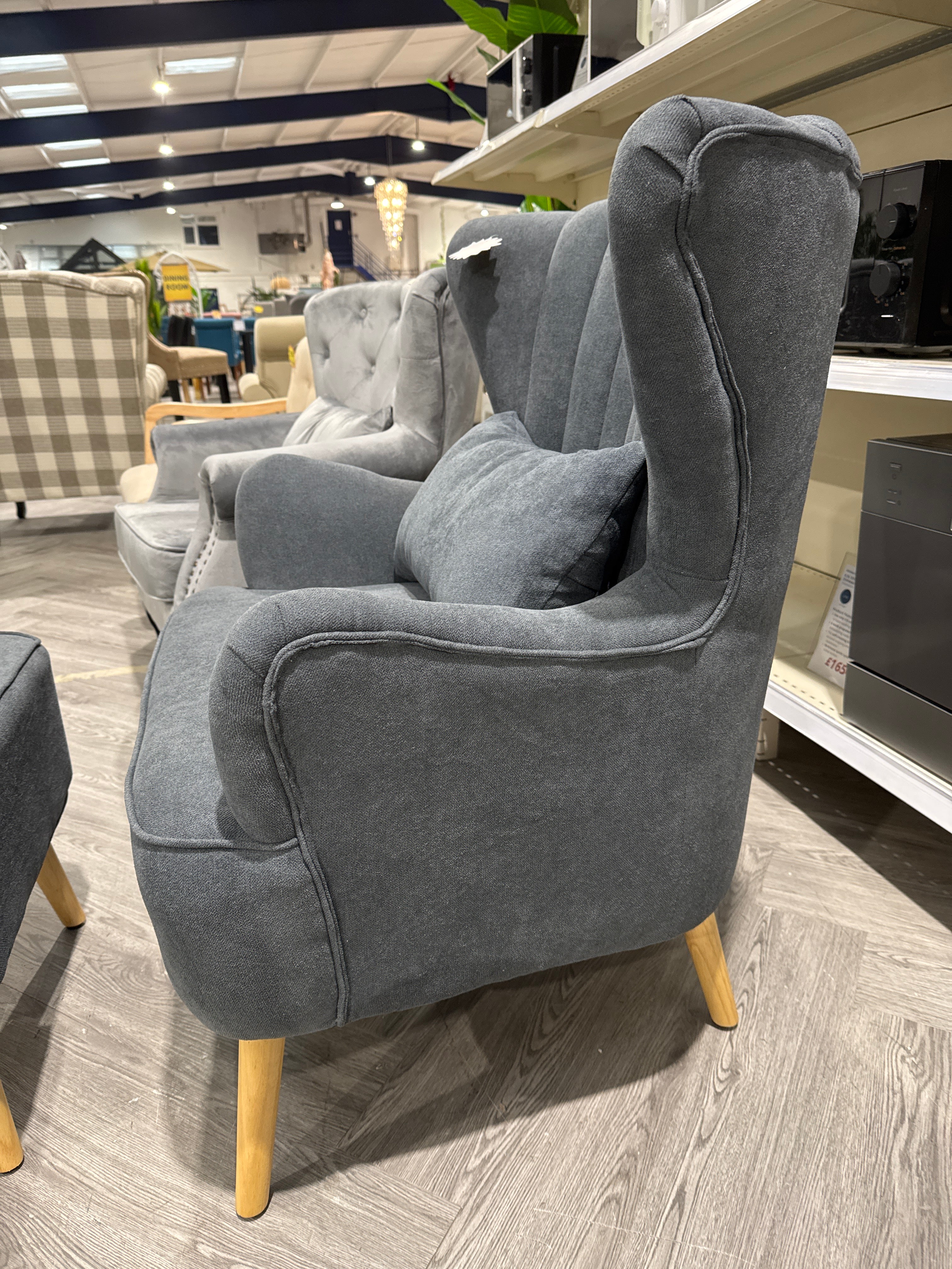 Grey Wingback Armchair With Footstool