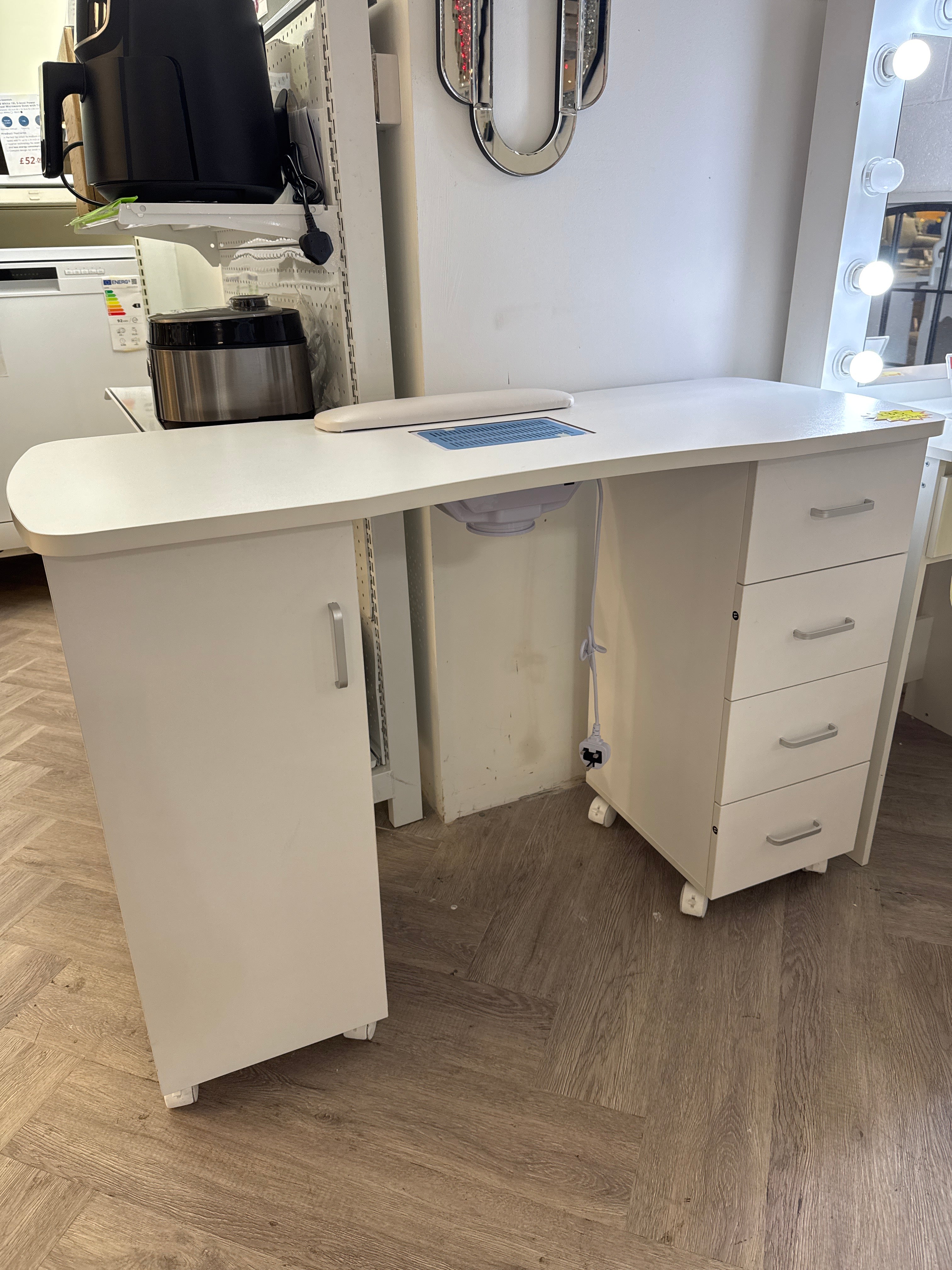 Manicure Table with Dust Collector and Wrist Cushion with 4 Drawers White