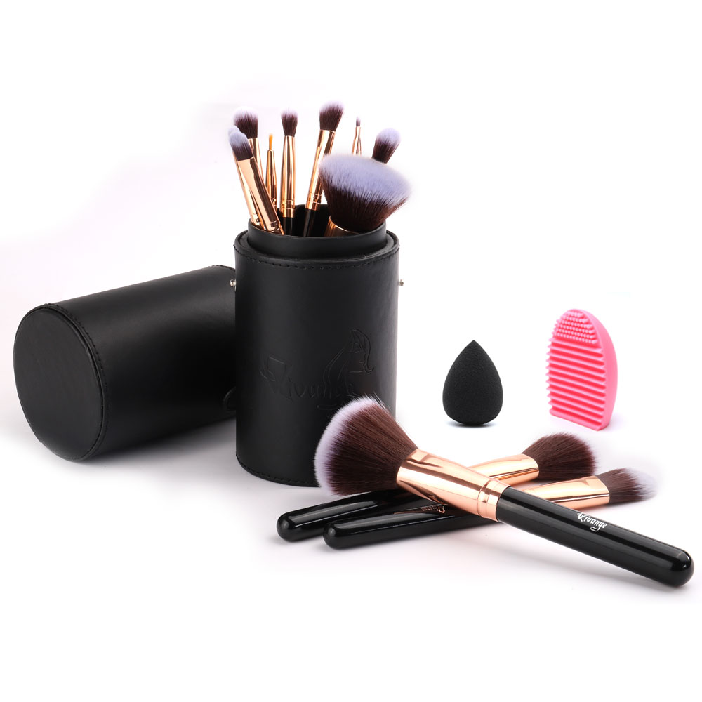 New 12 Pcs Travel Makeup Brush Set with Makeup Sponge and Brush Cleaner
