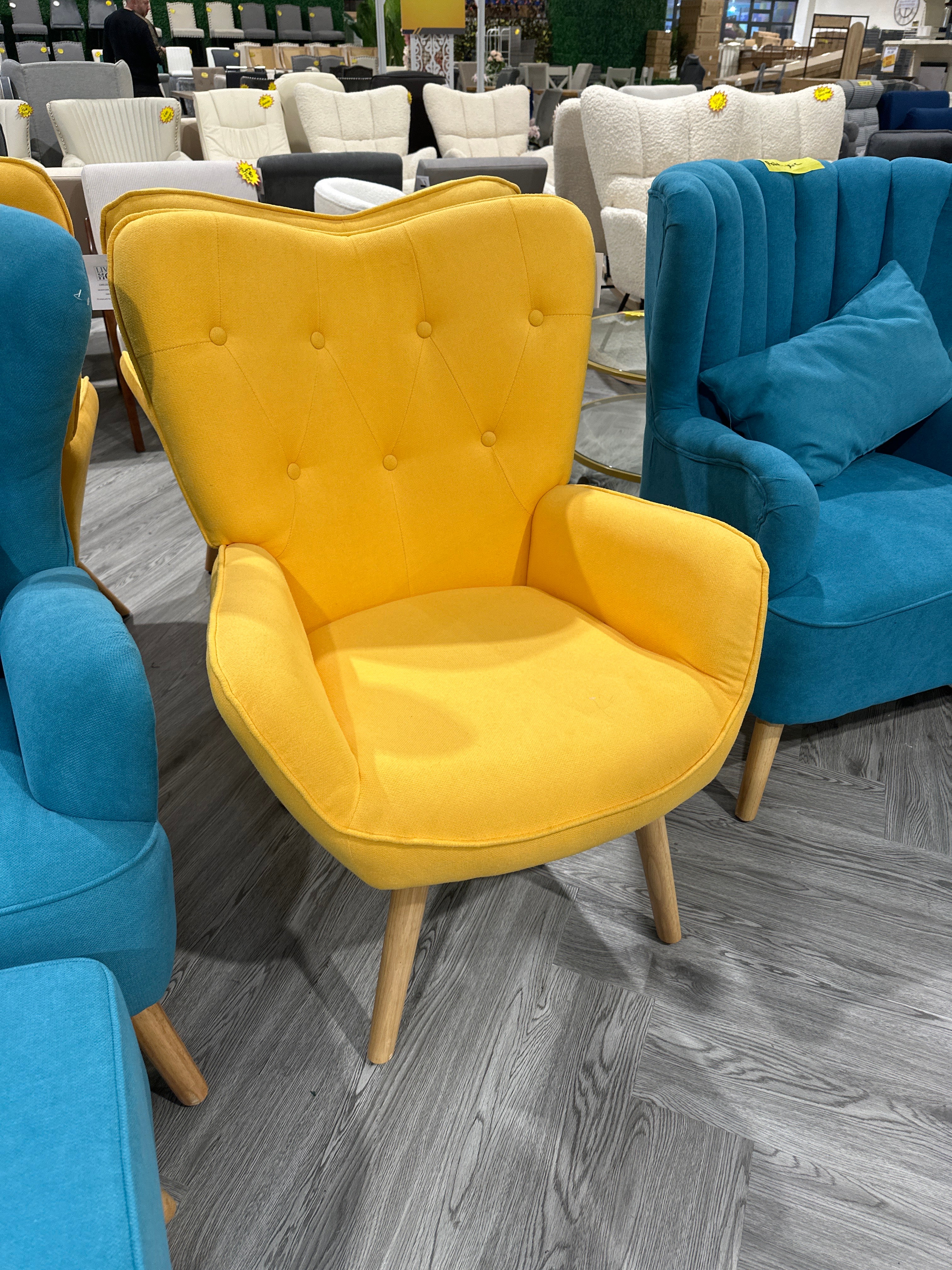 Yellow Tufted Button Linen Armchair with Wooden Legs