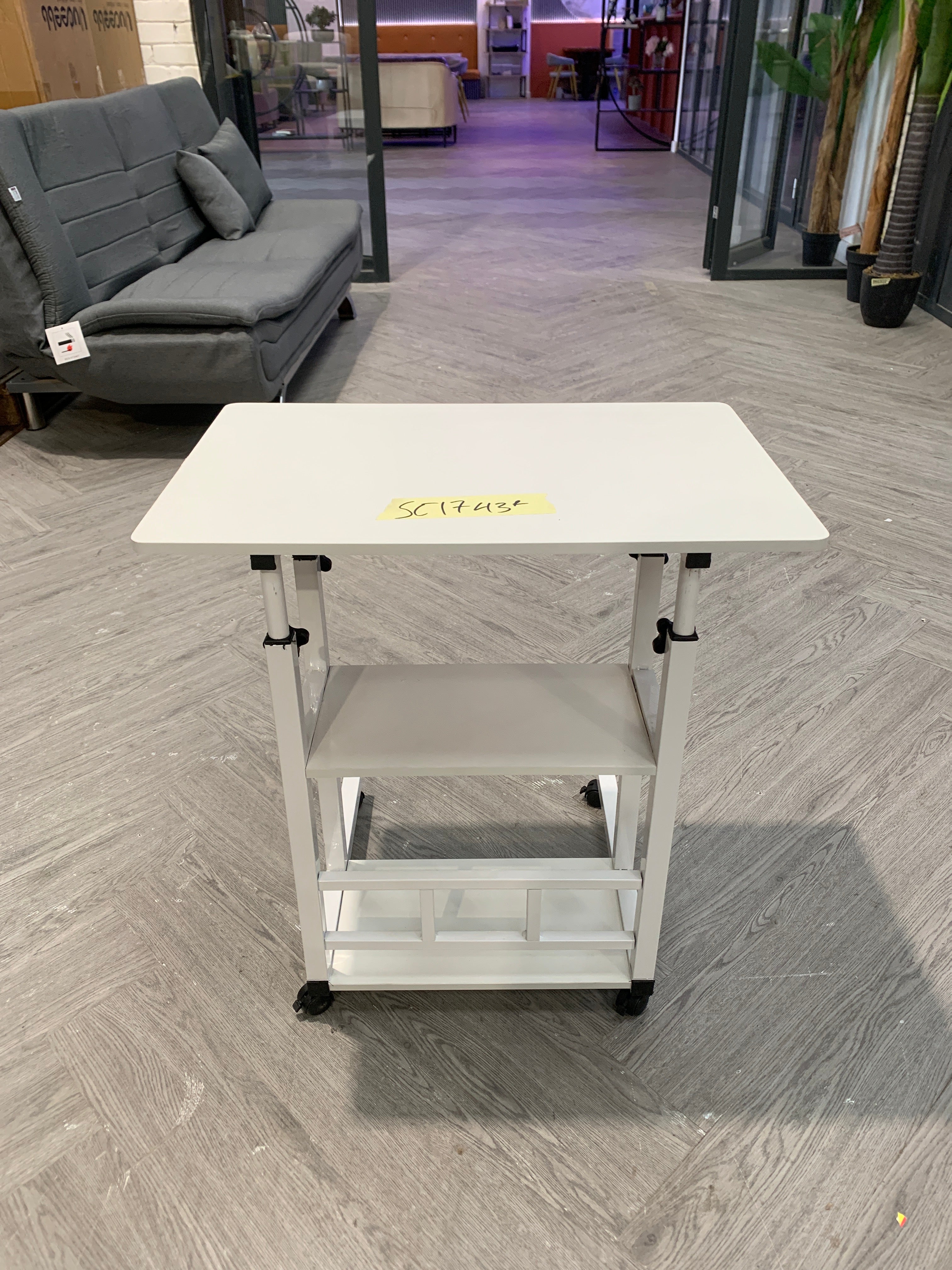 Height Adjustable Mobile Table with Shelves White