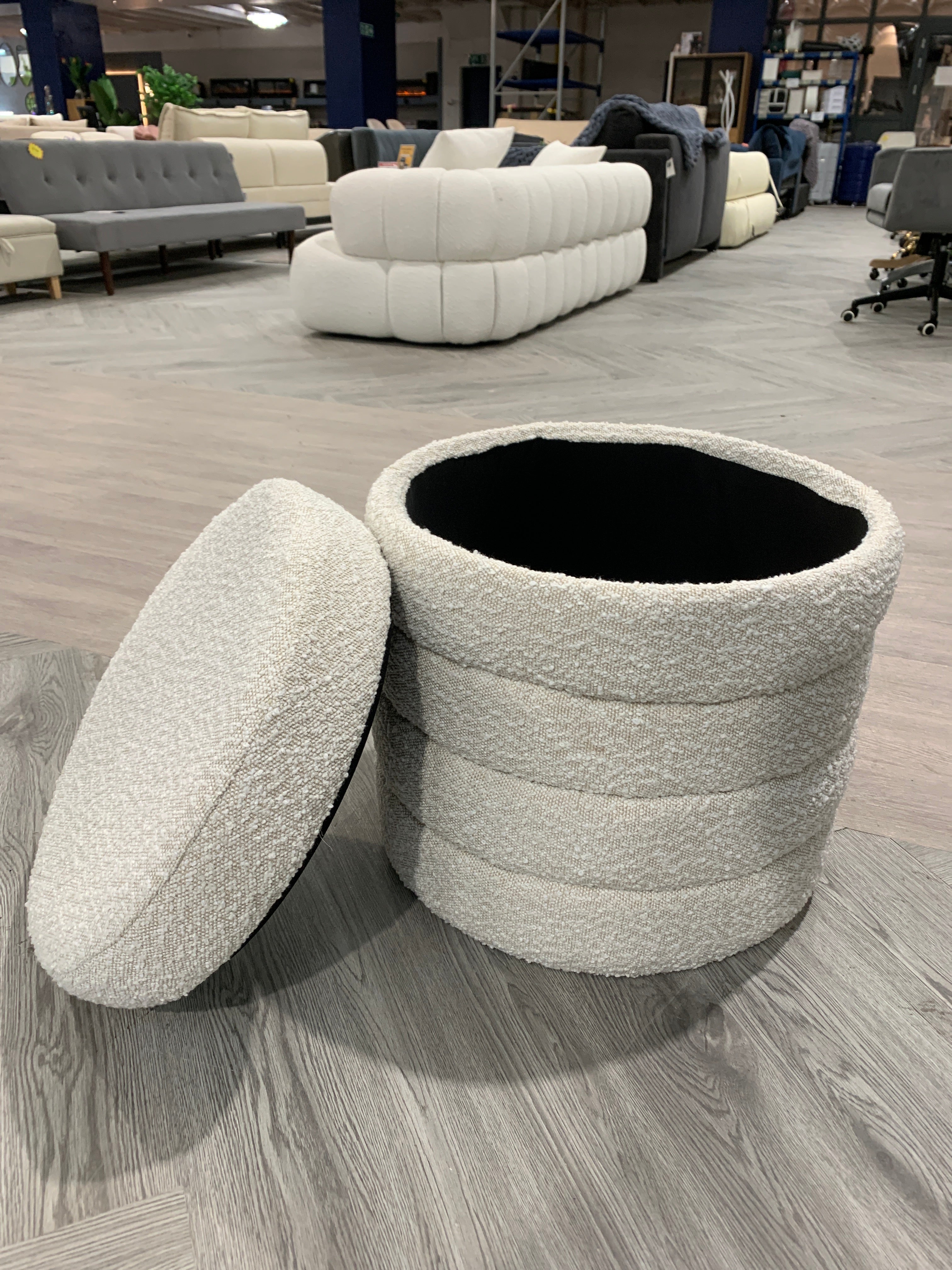 Teddy Bear Fur Round Storage Ottoman Beige