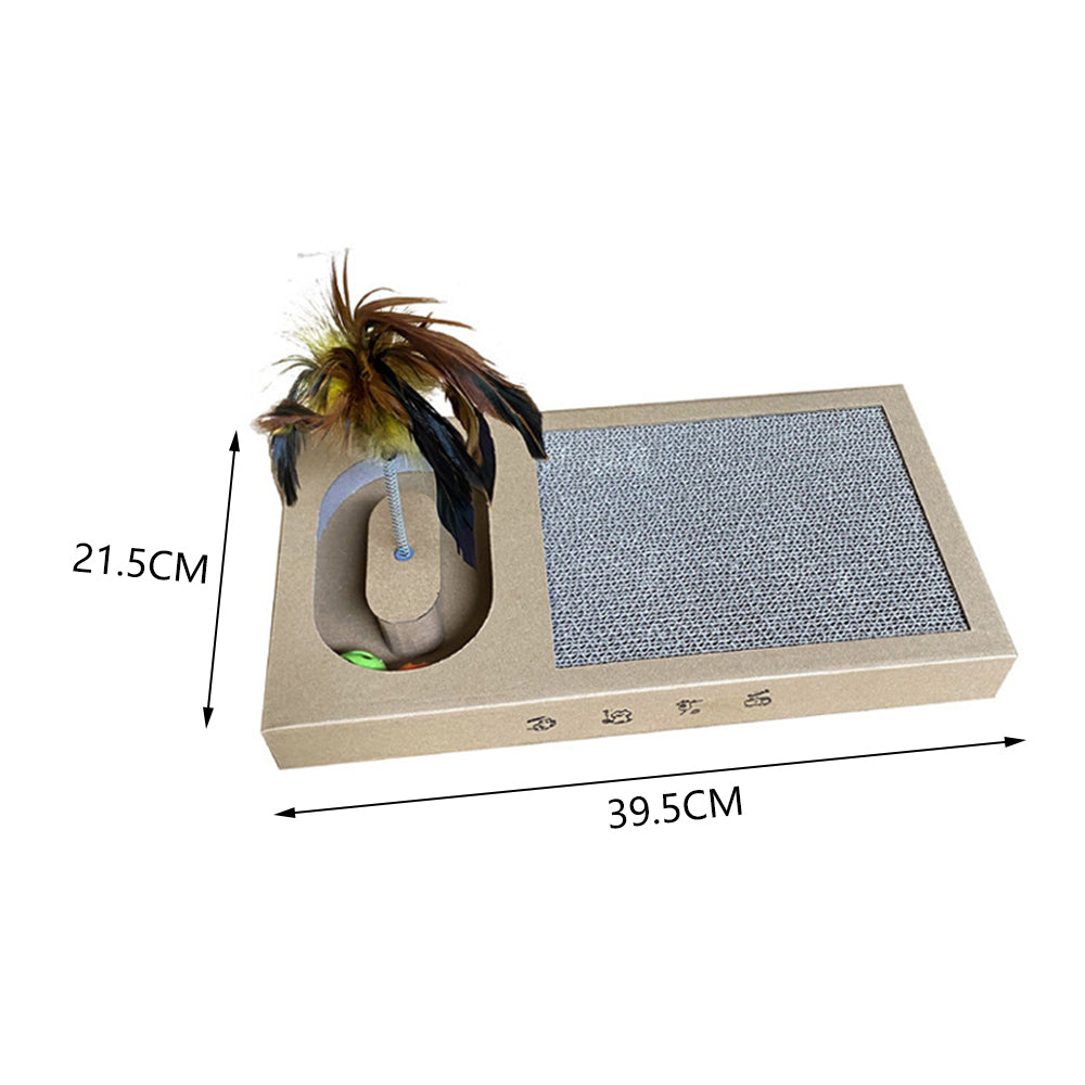 New Brown Cardboard Cat Scratcher with Feather Toy and Puzzle Play Board