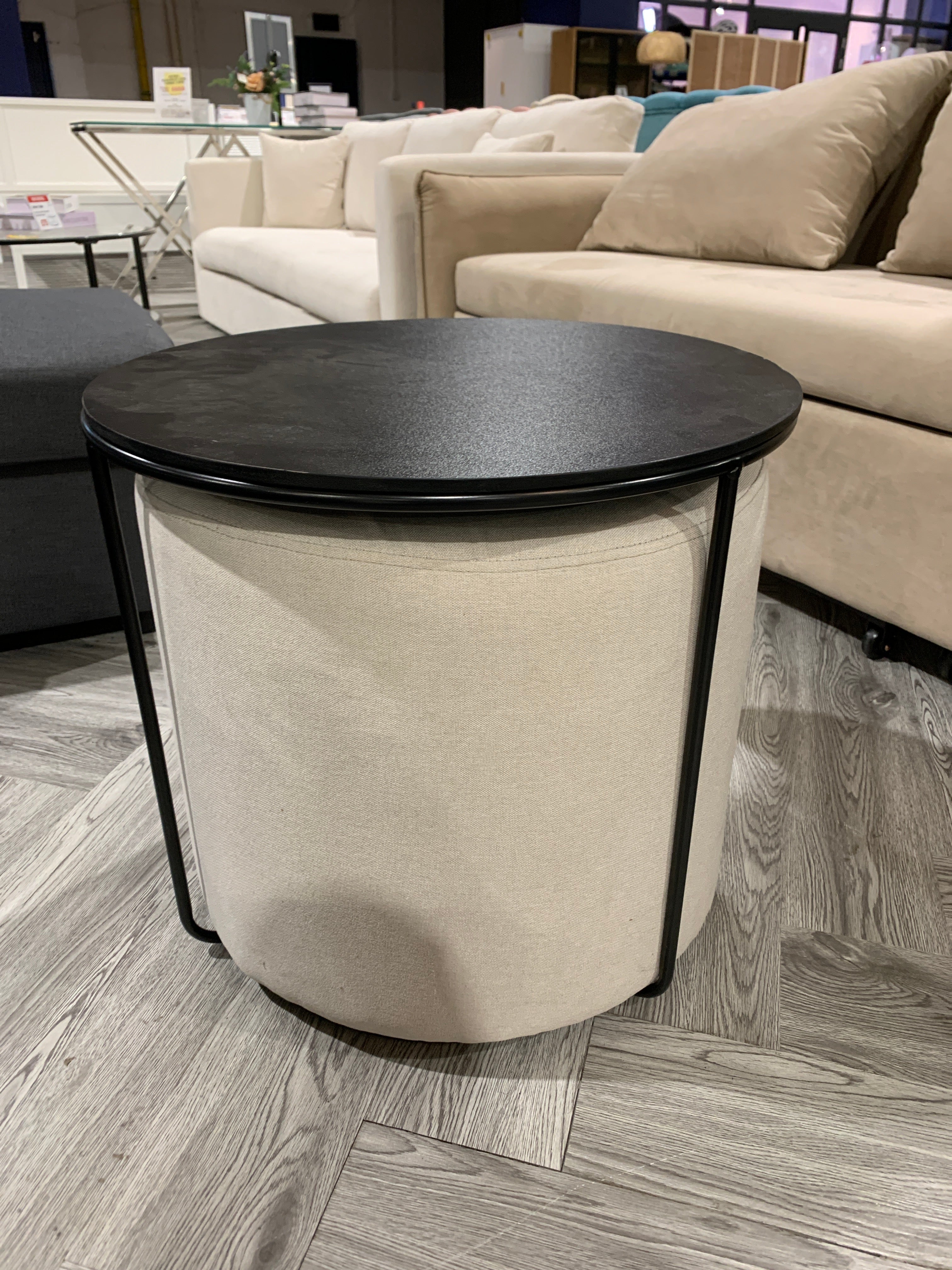 Black Side Table with Linen Upholstered Stool