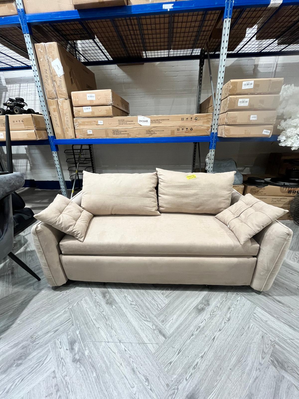 2 Seater Velvet Upholstered Convertible Sofa Bed with Cushions Beige