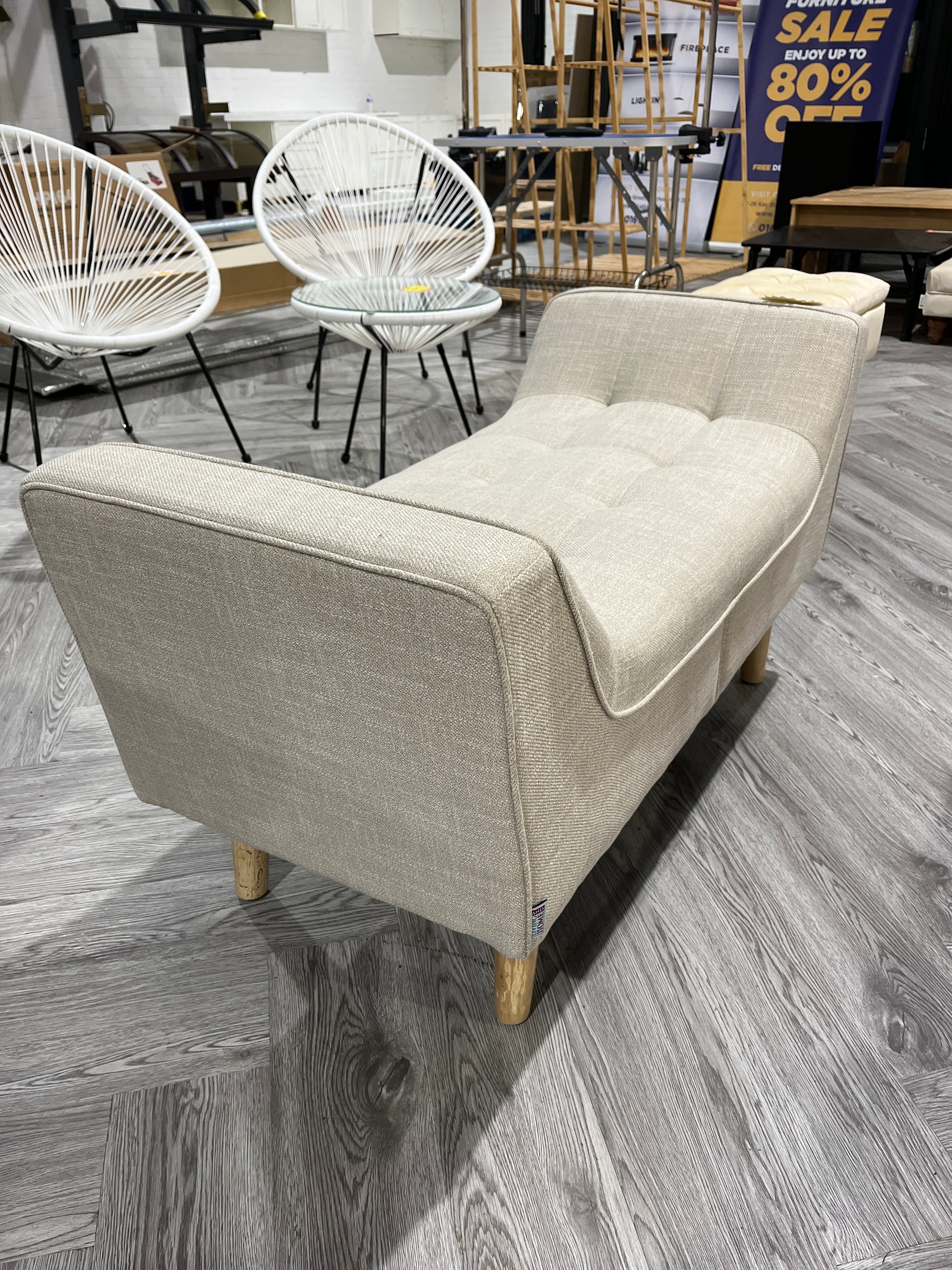 Beige Soft Chenille Upholstered Bench with Natural Colour Wooden Legs