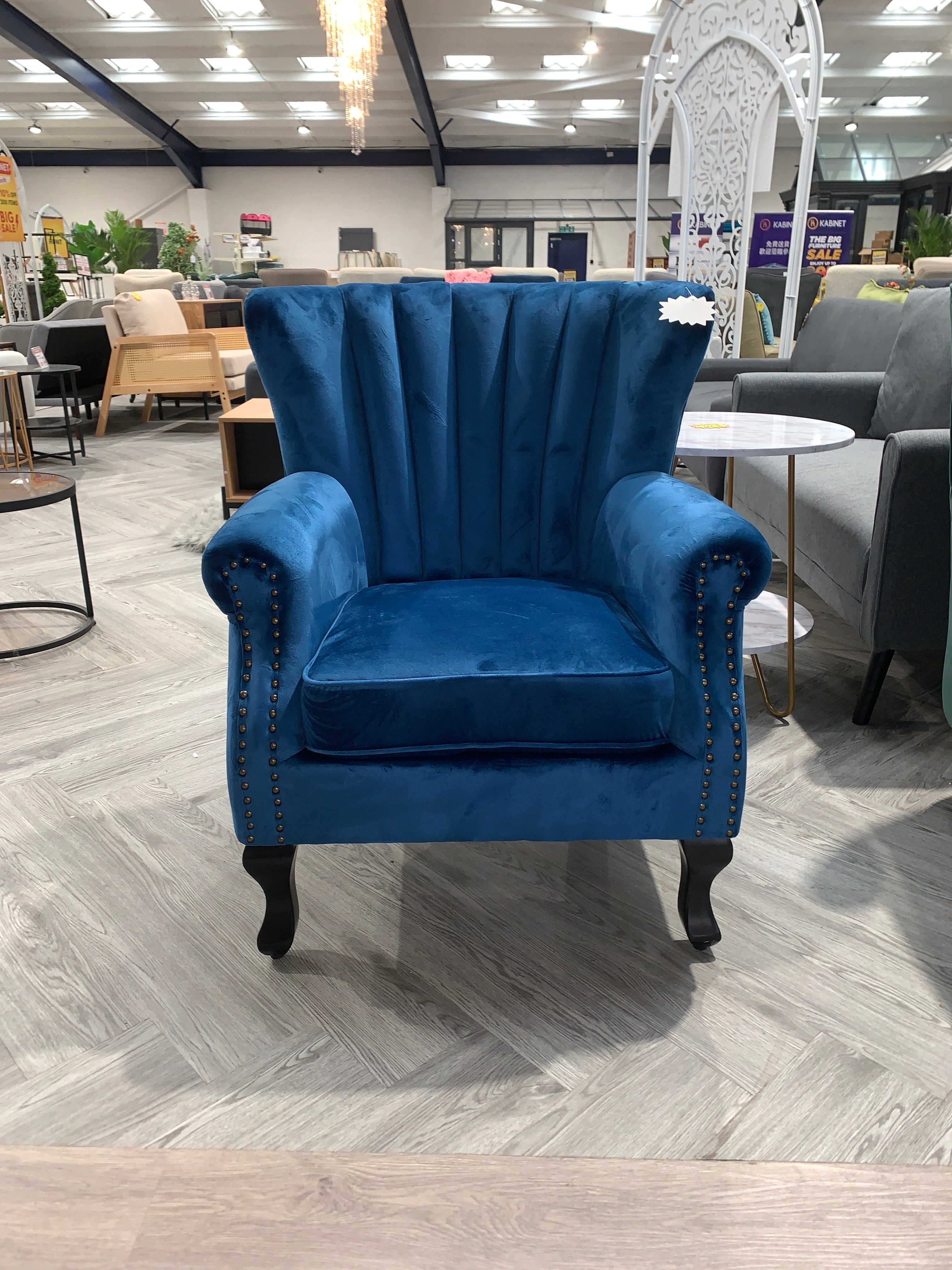 Navy Blue Vintage Velvet Wing Back Armchair with Studs