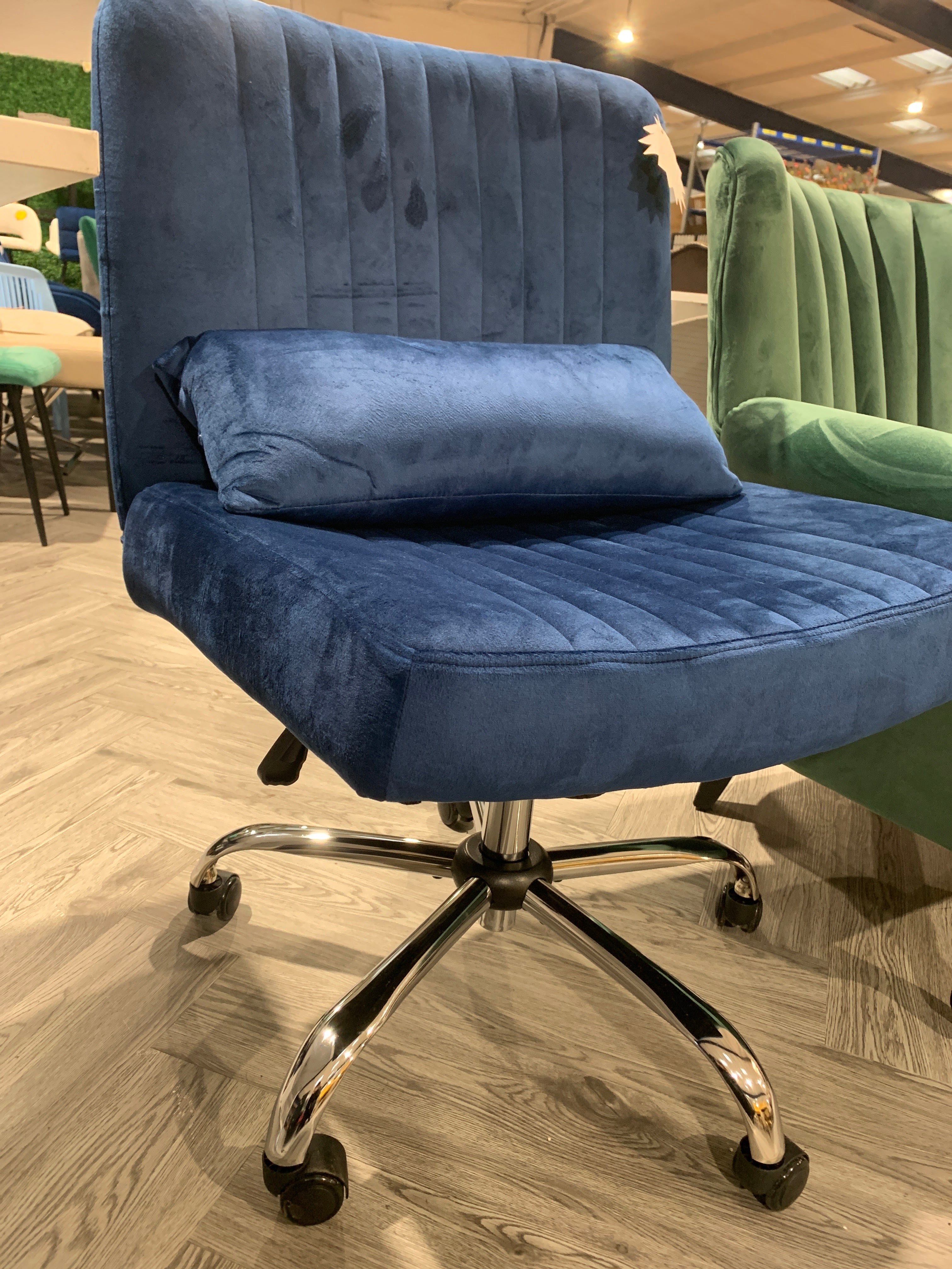 Adjustable Velvet Cross Legged Seating Office Chair with Cushion Blue