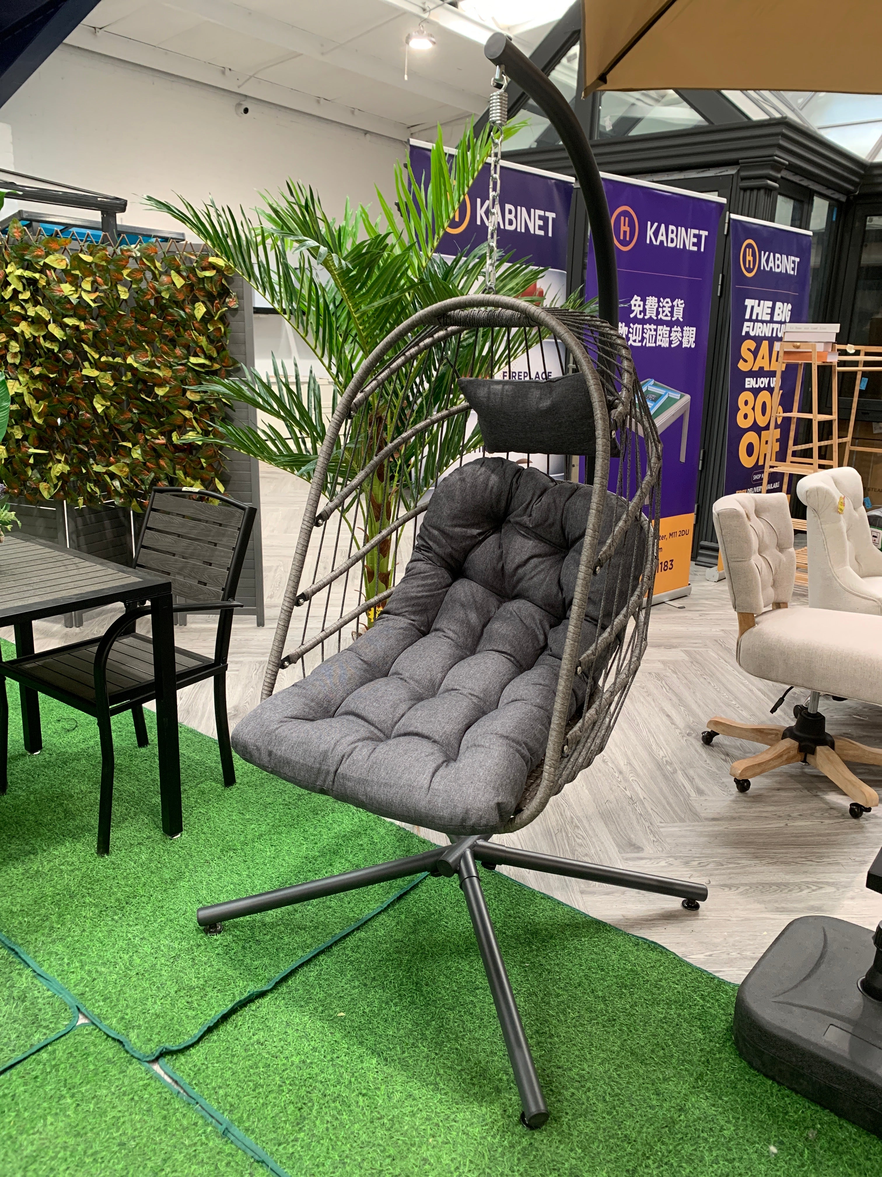 Outdoor Garden Hanging 1 Seater Egg Chair with Dark Grey Cushion