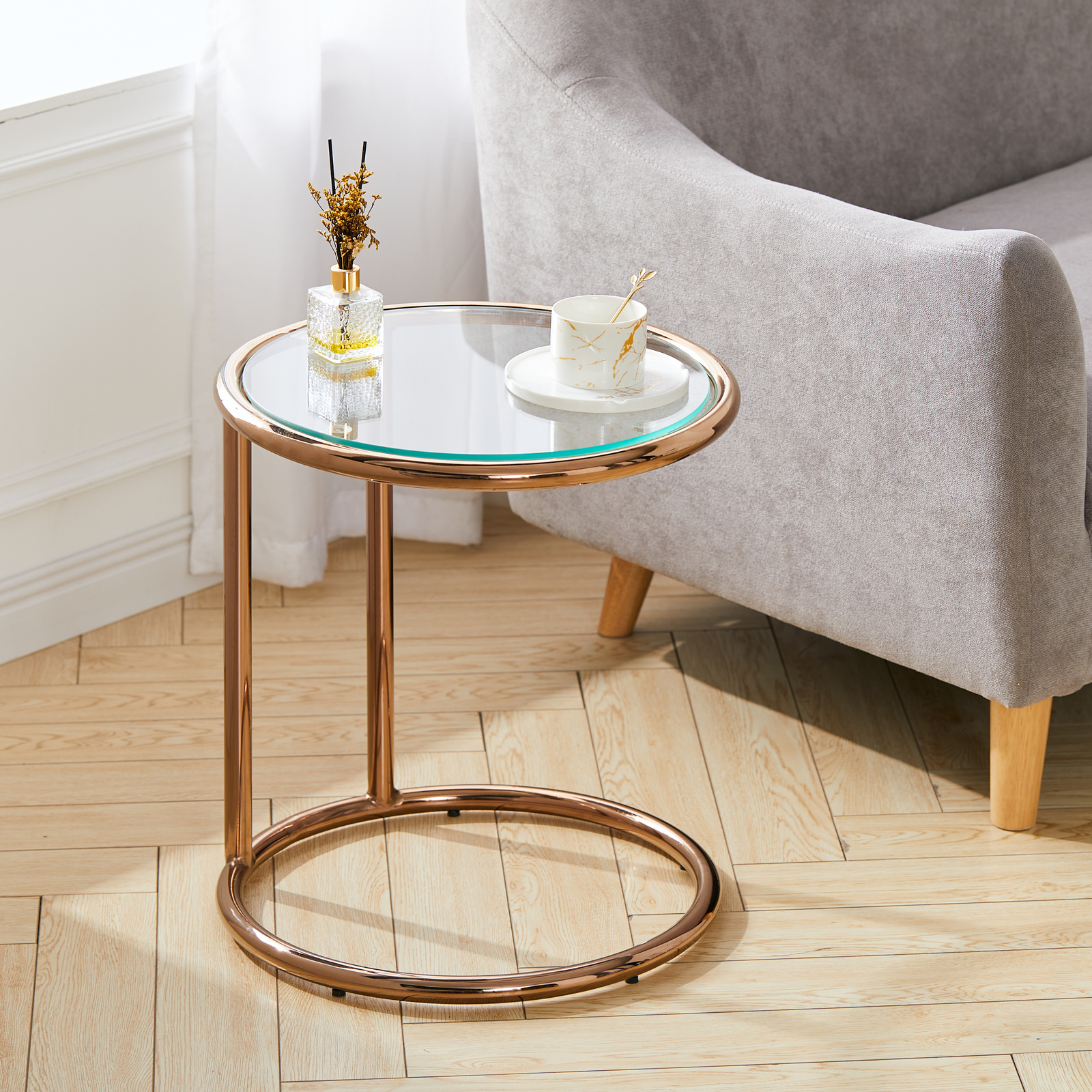 New Clear Tempered Glass Round Side Table with Metal Base