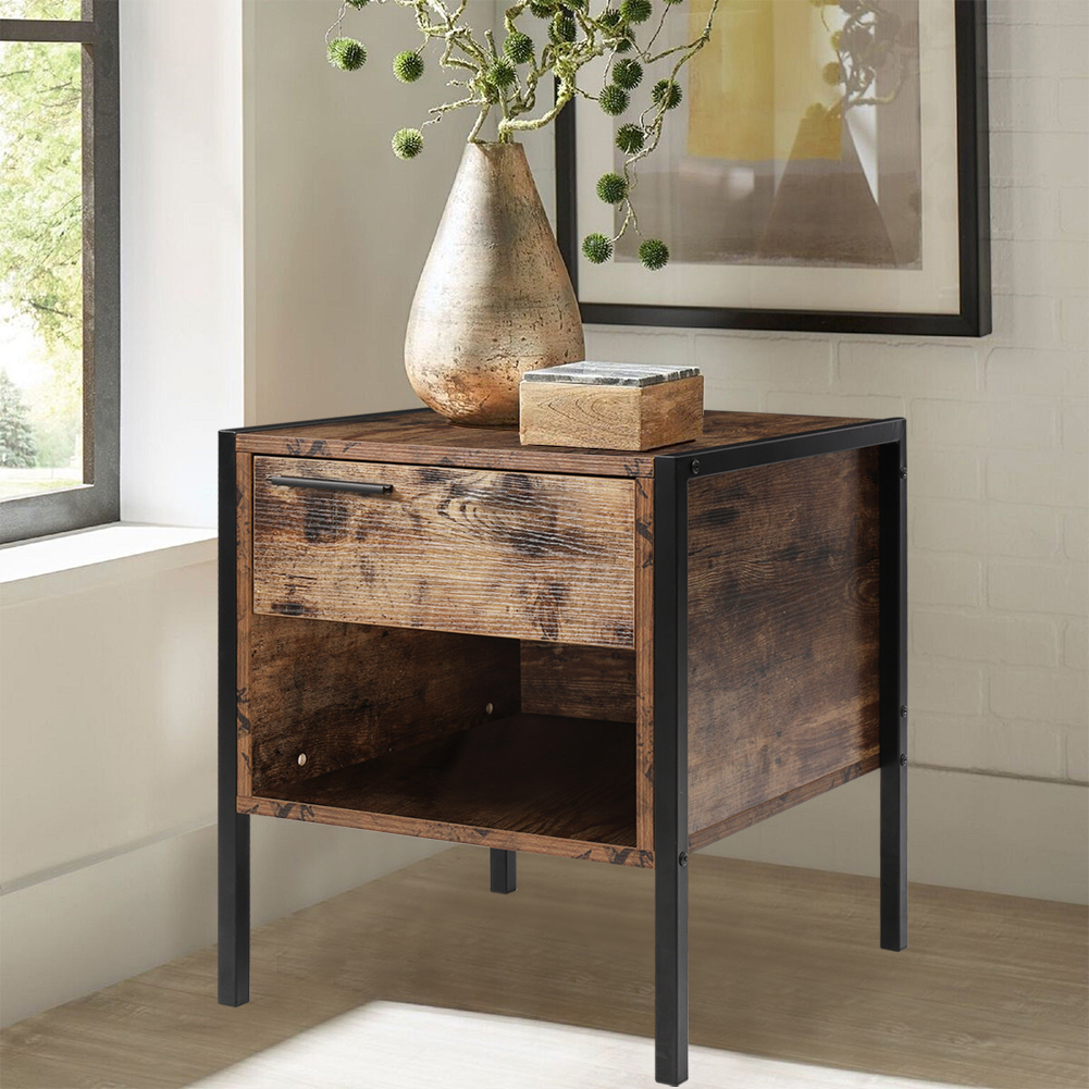 New Retro Industrial style Bedside Table Nightstand with Drawer and Open Front Storage Compartment