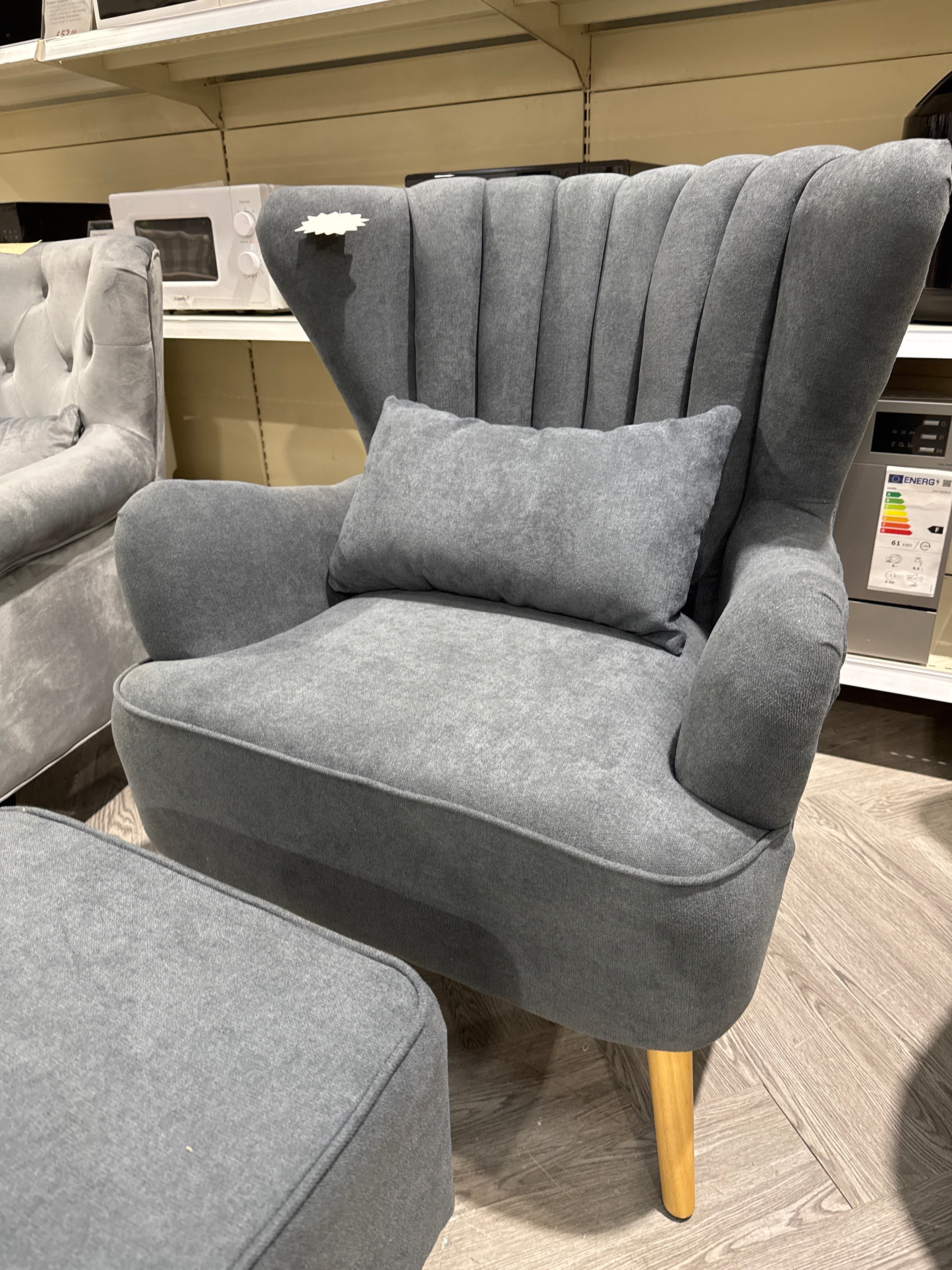 Grey Wingback Armchair With Footstool