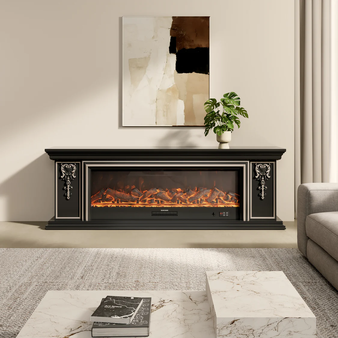 New Black Gold Trim TV Cabinet Electric Fireplace with APP Control & Flame Sound