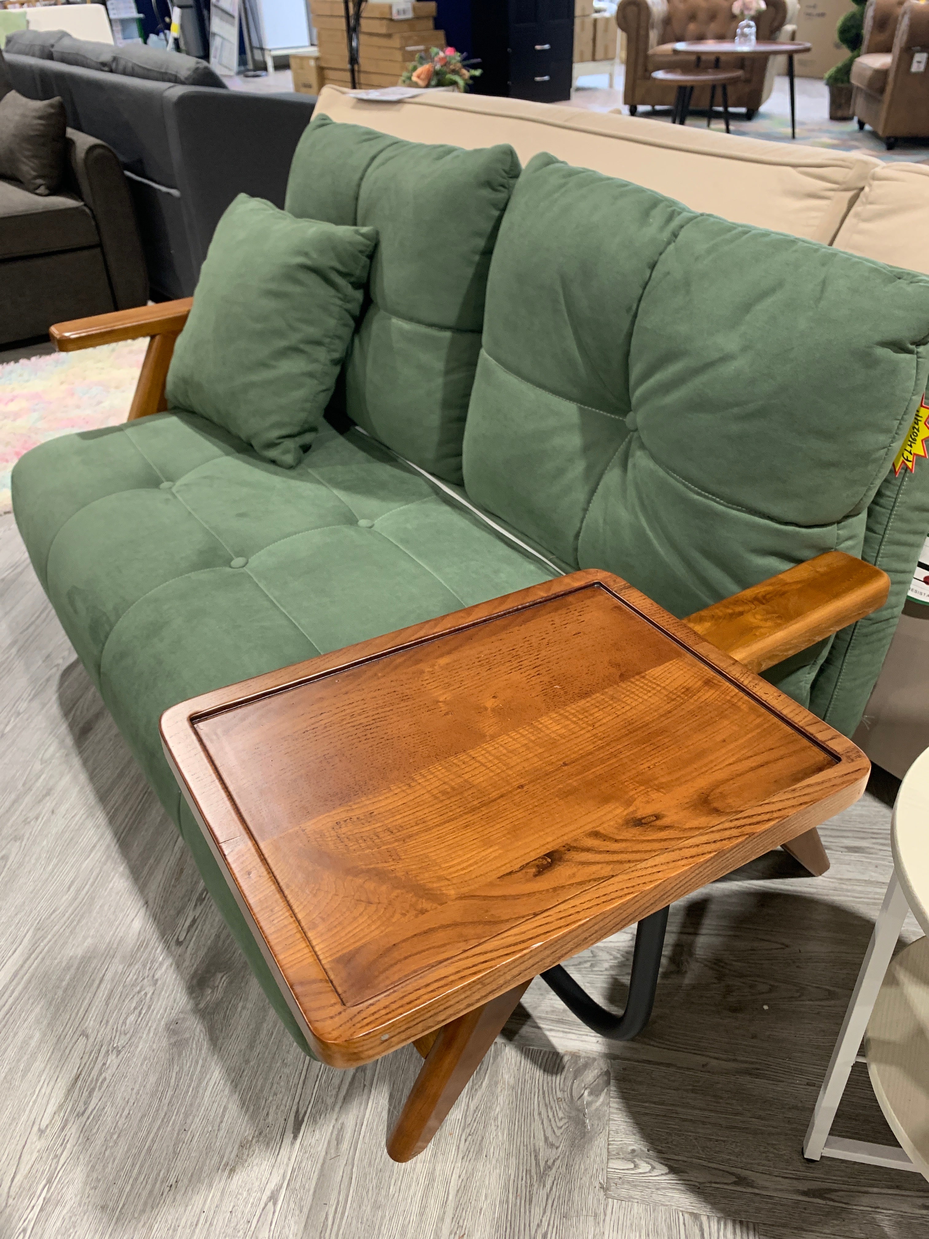 Modern Button Tufted Foldable Sofa Bed with Wooden Side Table Green