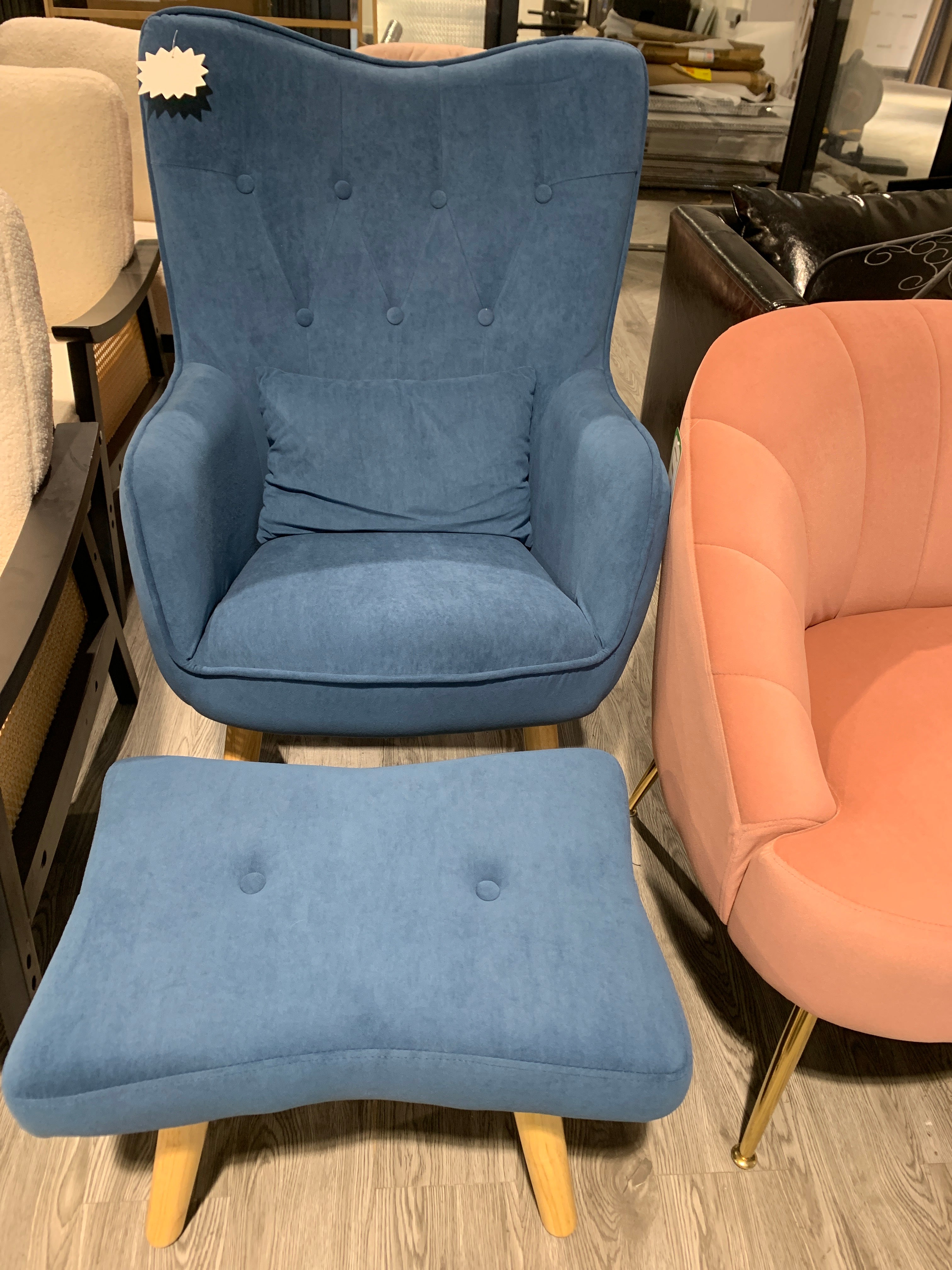 Blue Frosted Velvet Upholstered Armchair with Footstool and Cushion