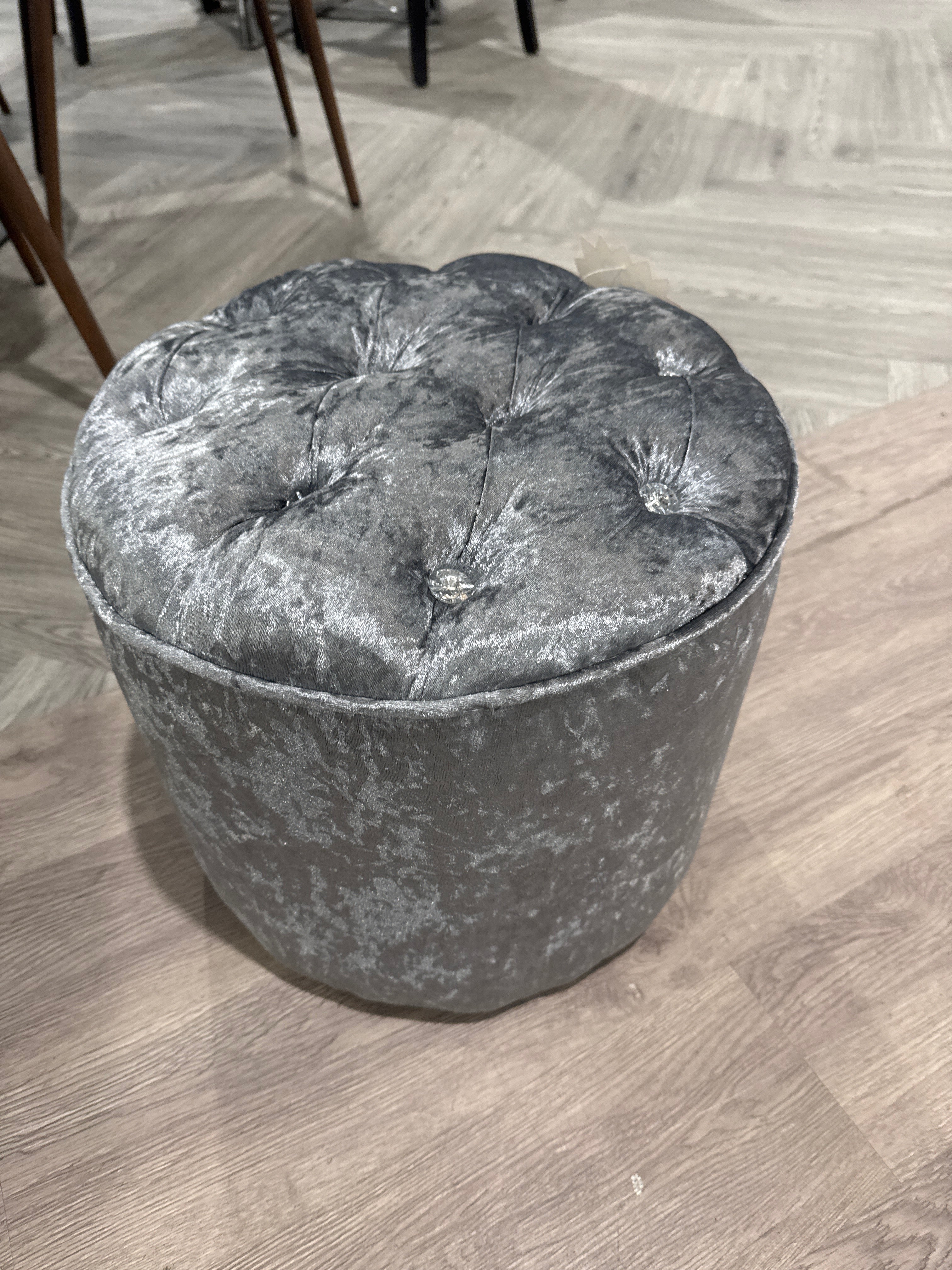 Round Velvet Diamante Buttoned Footstool Silver Grey