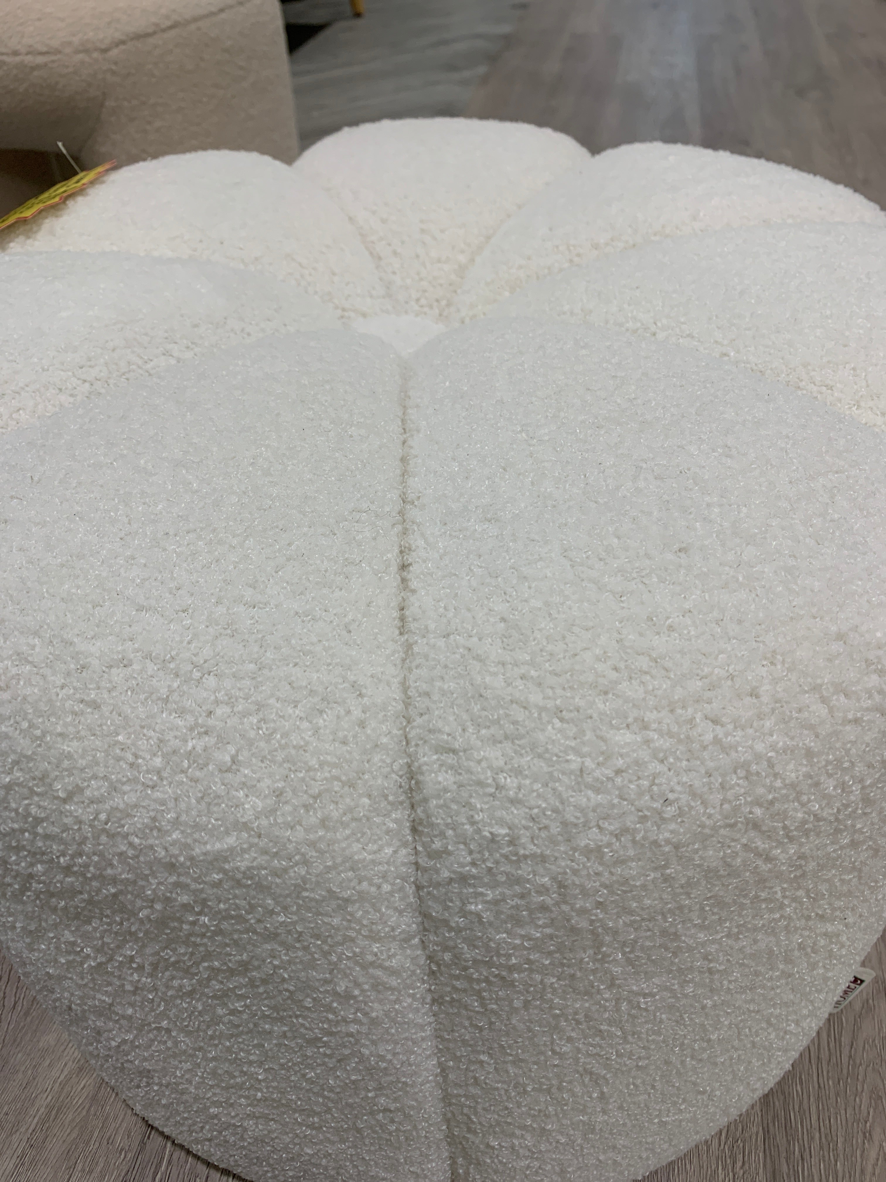 White Round Shape Teddy Fabric Footstool