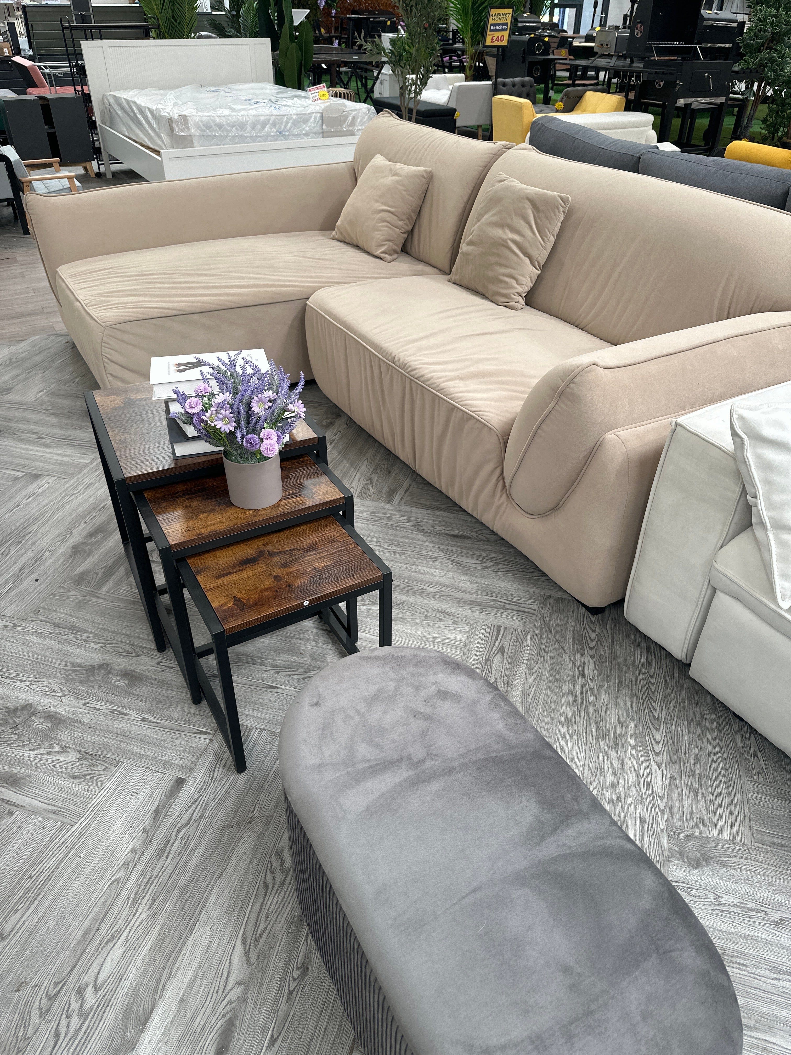 Beige Puffy 3 Seater Corner Sofa with Sloped Armrest