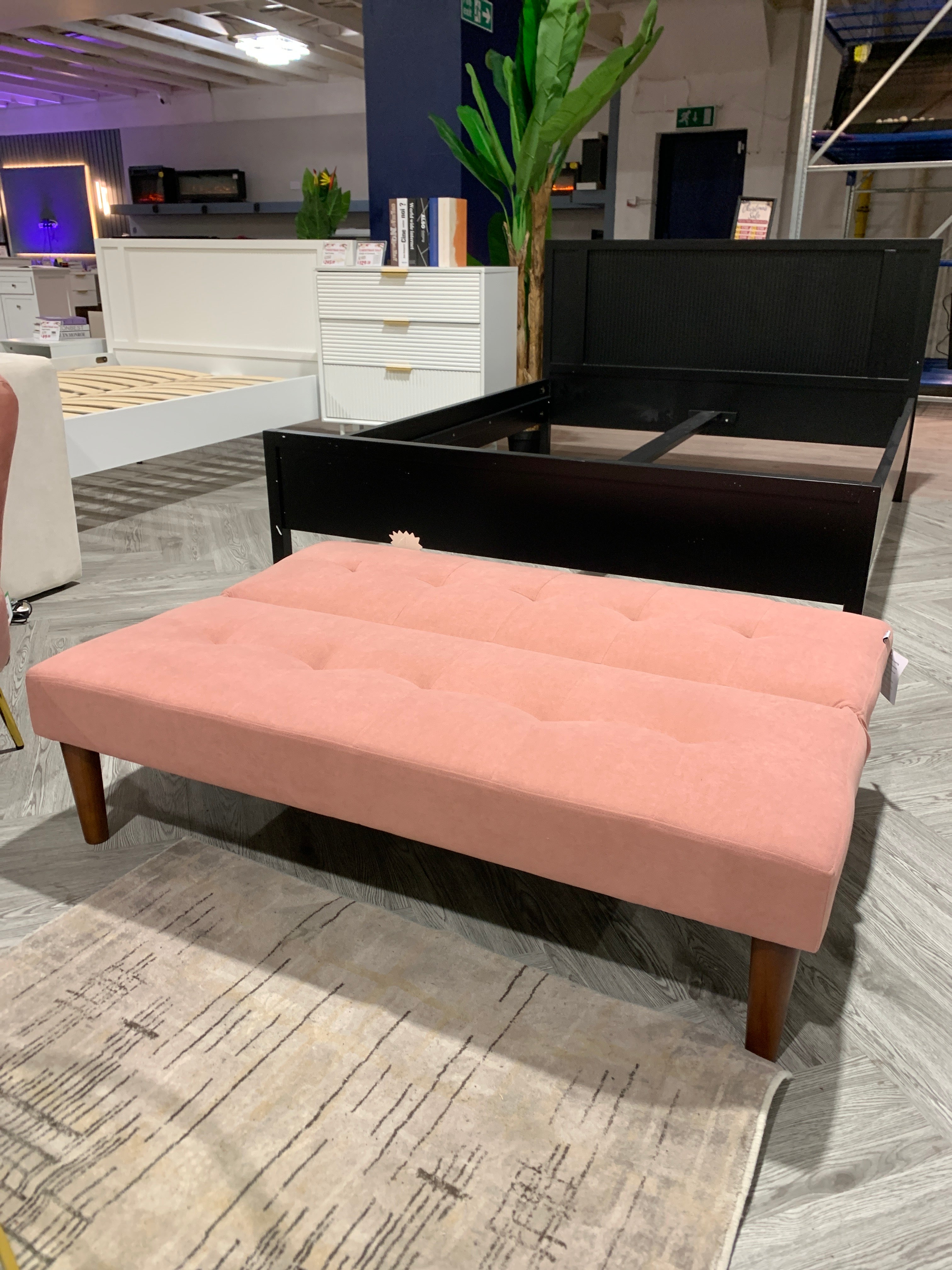 Pink Small 2-Seater Padded Convertible Sofa Bed with Wooden Legs