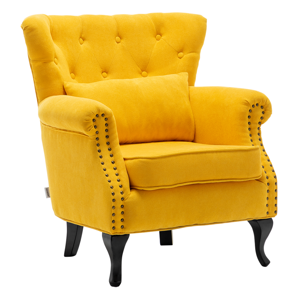 New Yellow Upholstered Nail Head Modern Buttoned Linen Armchair