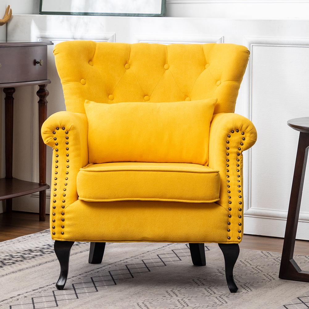 New Yellow Upholstered Nail Head Modern Buttoned Linen Armchair