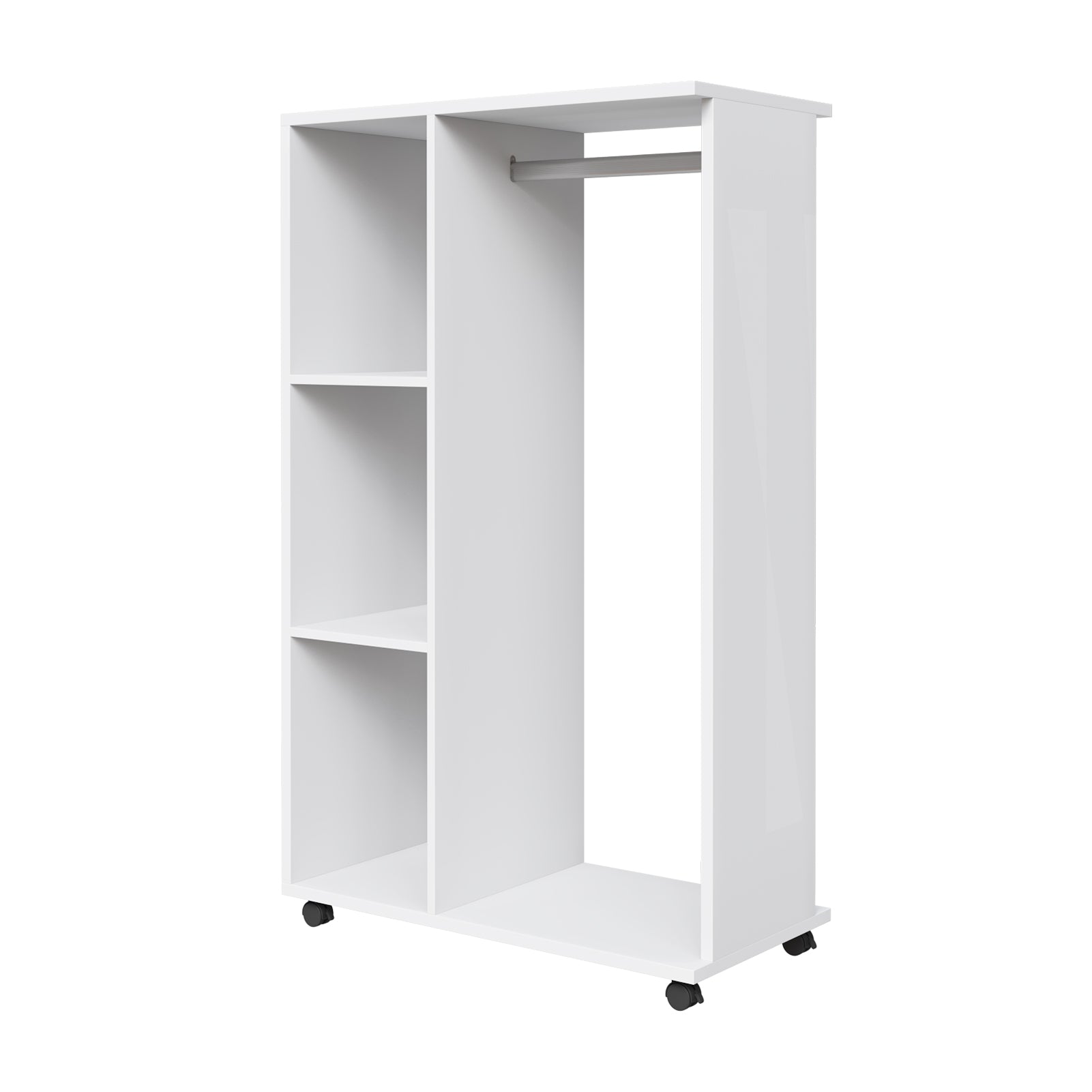 Freestanding Mobile Open Wardrobe with 3 Tier Shelves and Hanging Bar White