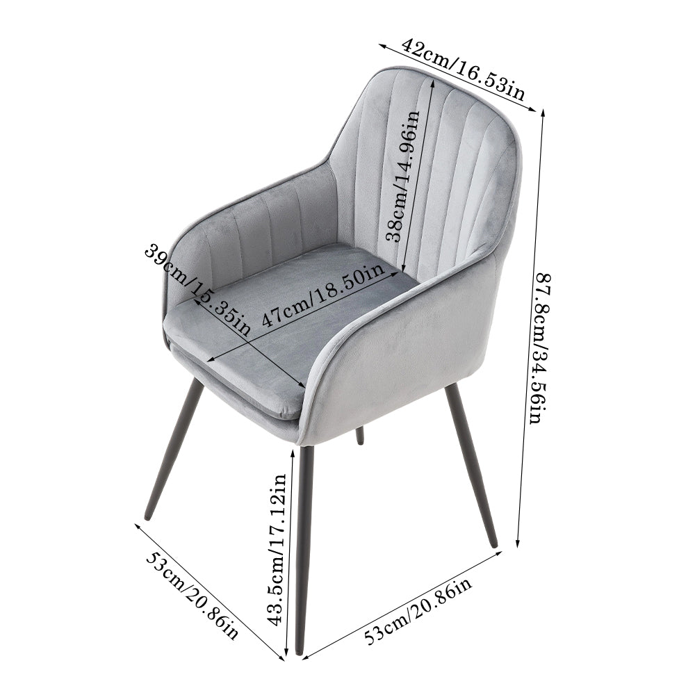 Channel Tufted Velvet Upholstered Dining Chair with Armrests and Metal Legs Grey 1PC