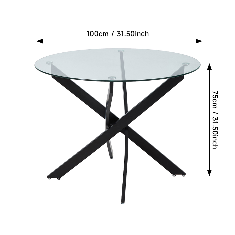 New Round Tempered Glass Dining Table with Metal Black Legs