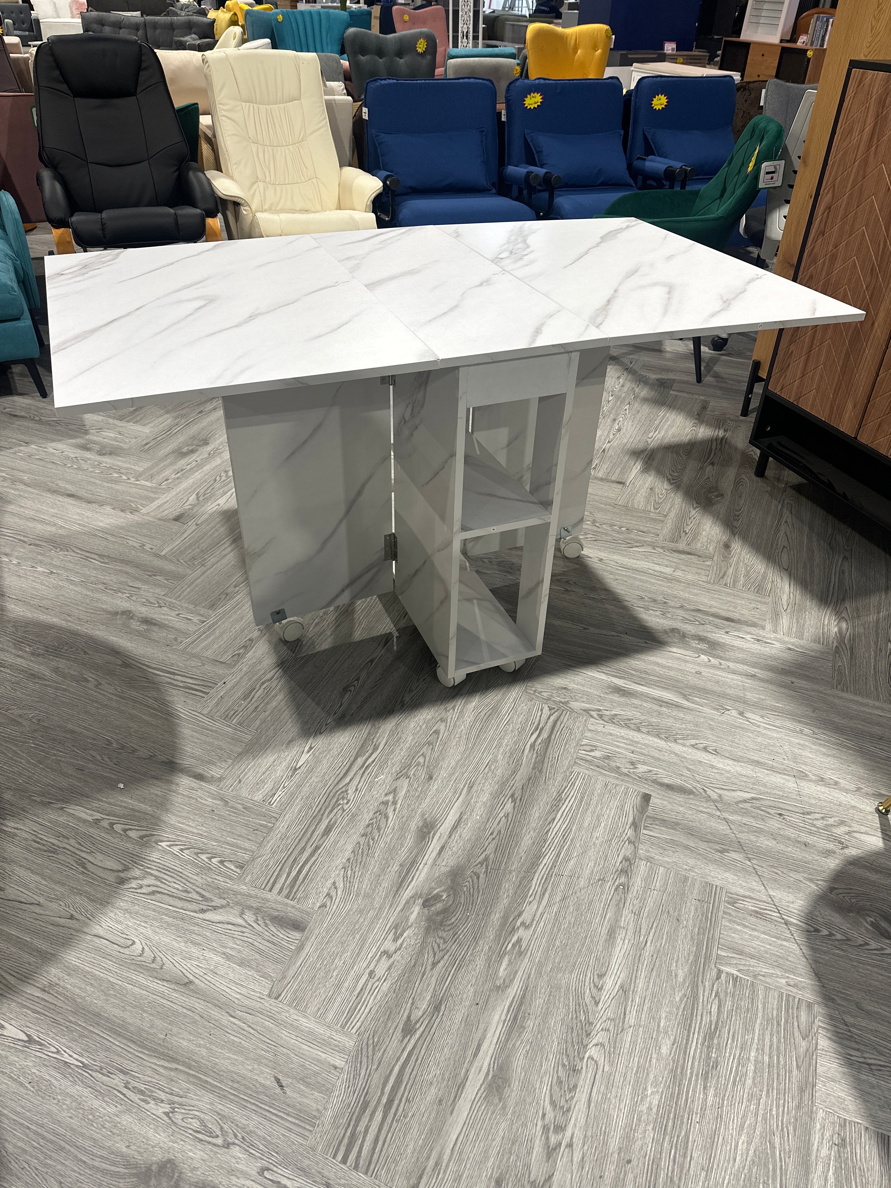 Expandable Drop Leaf Dining Table with Storage Shelves and Wheels