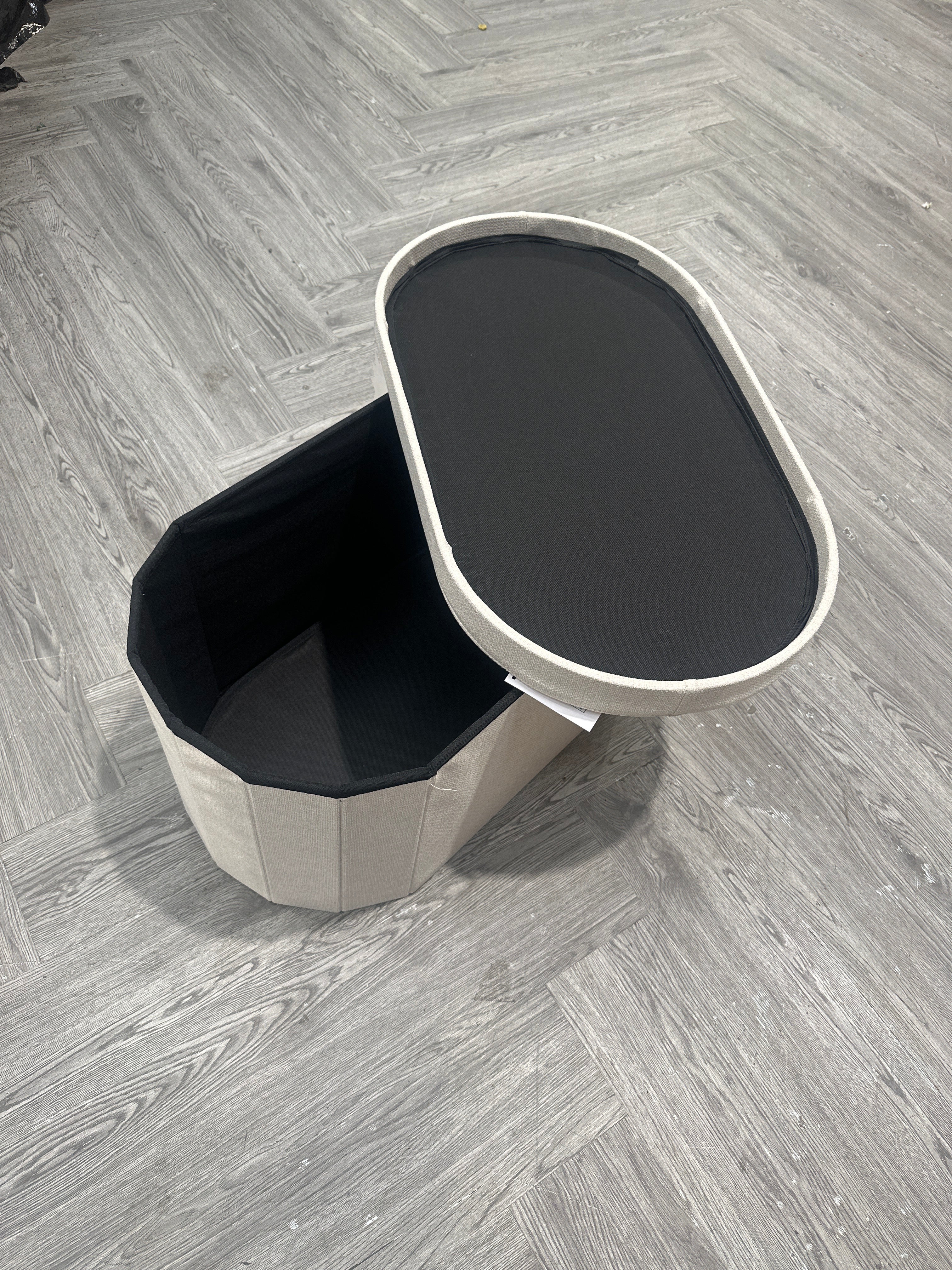 Oval Shaped Linen Upholstered Storage Bench Beige