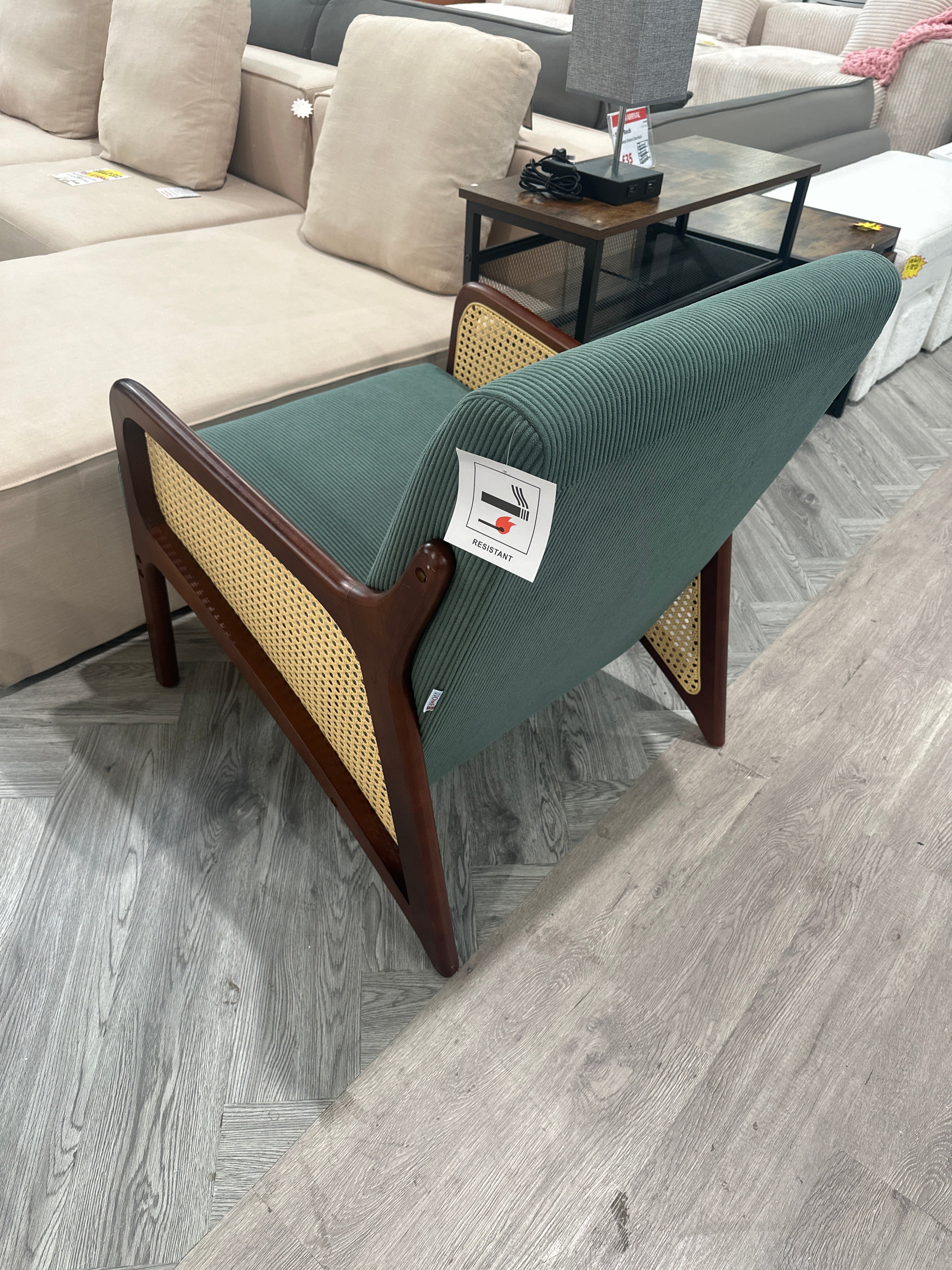 Corduroy Armchair with Rattan Armrest Green