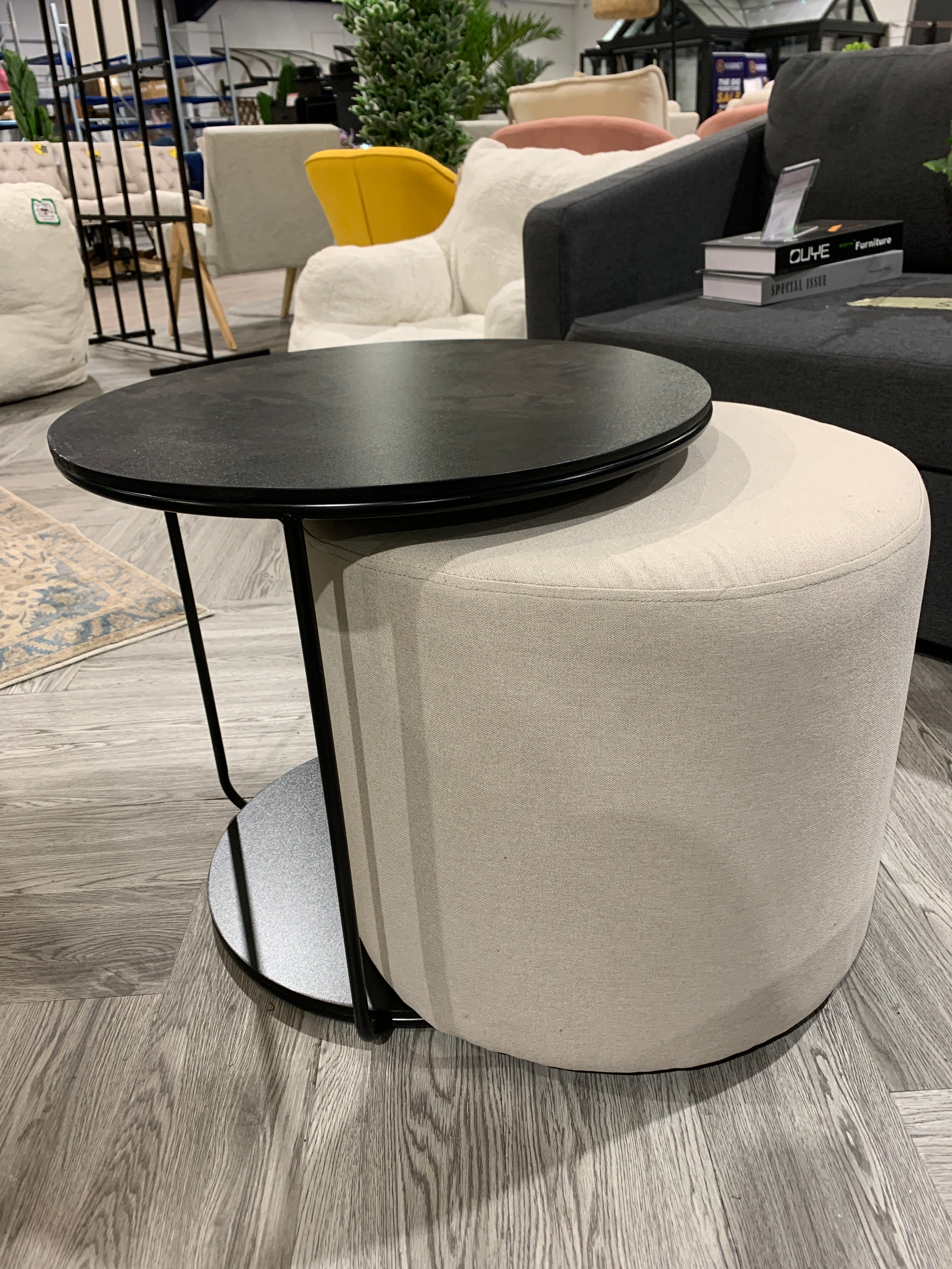 Black Side Table with Linen Upholstered Stool