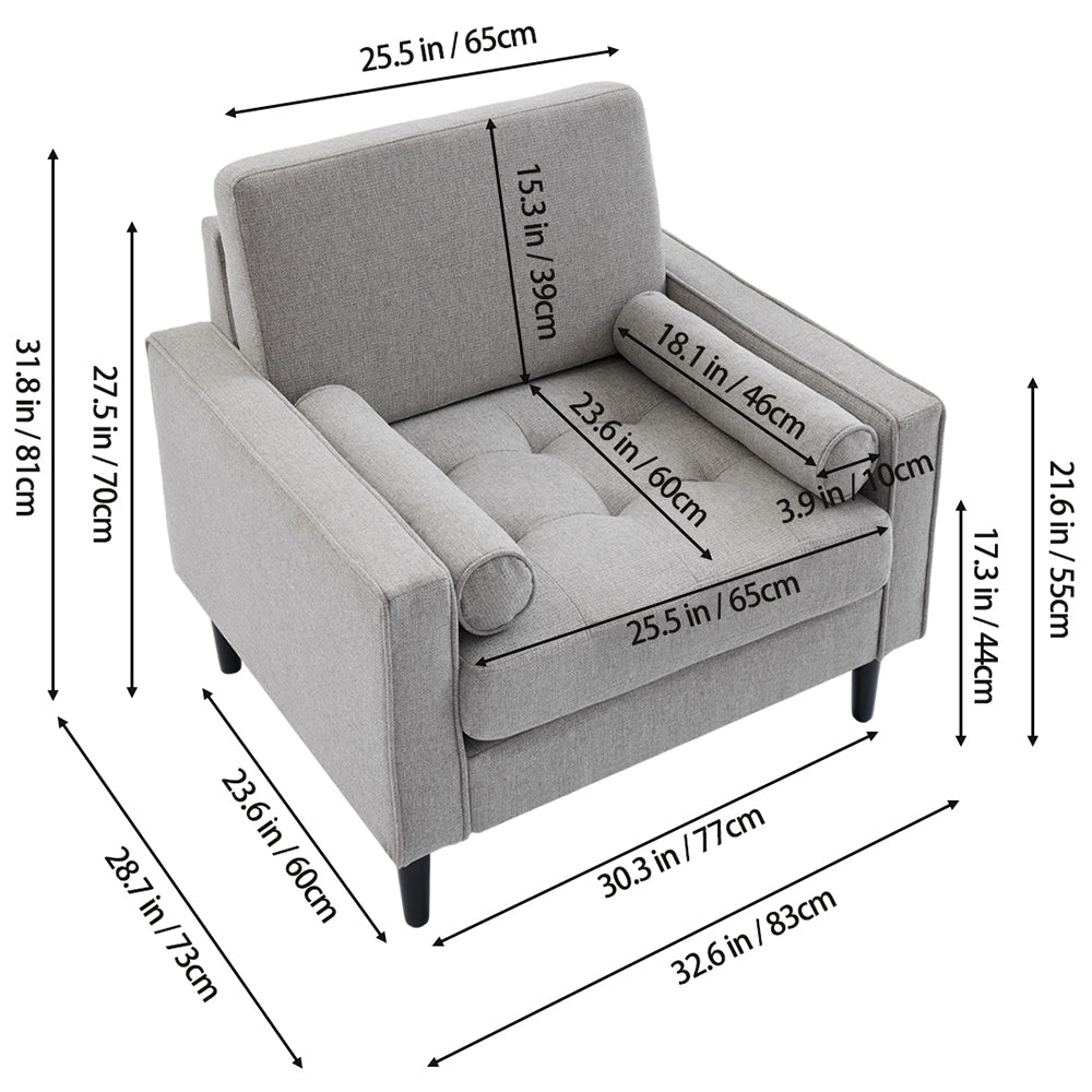 Mid Century Single Linen Sofa Armchair with Armrest Pillows Grey