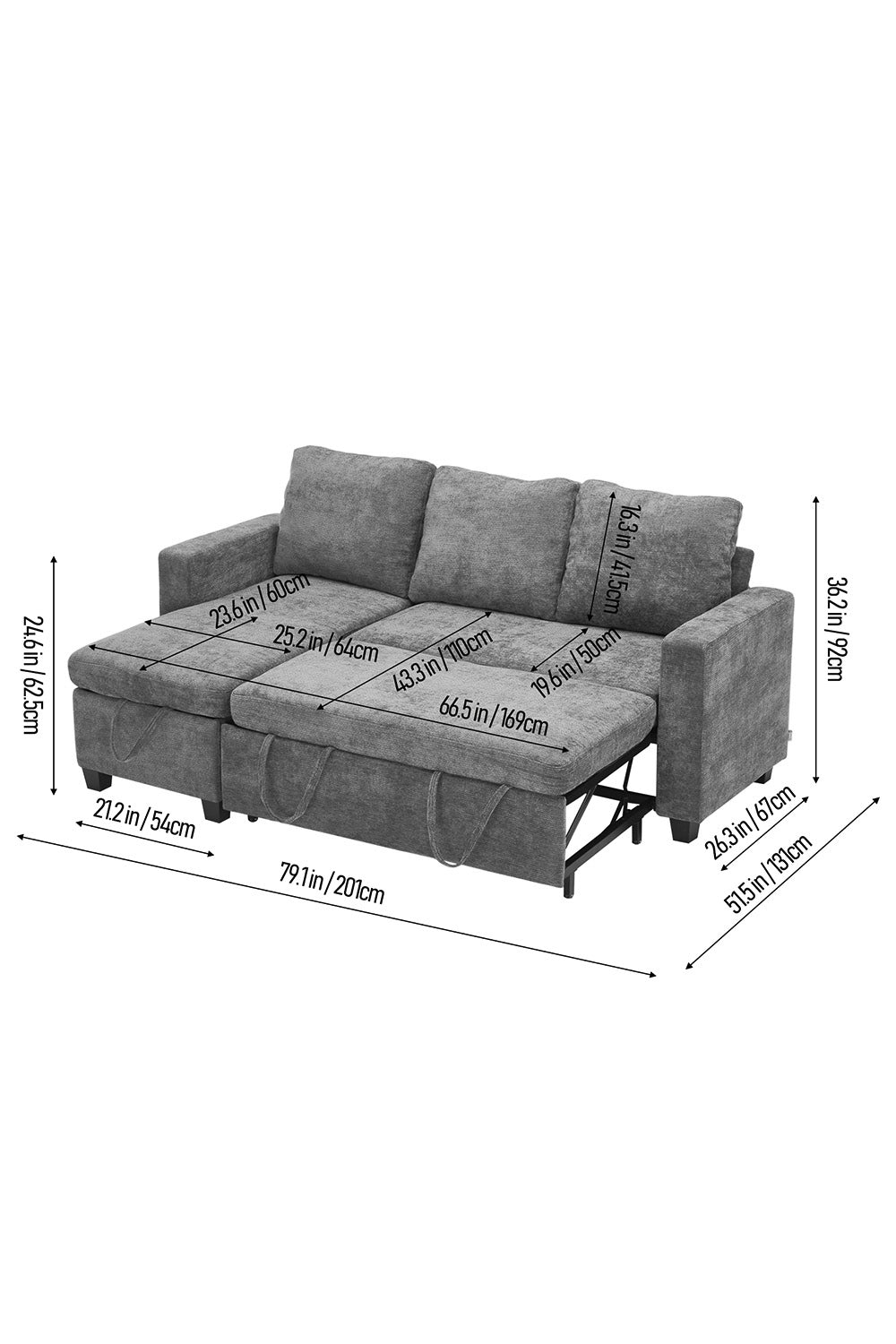 New Chenille L Shaped Corner Sofa Bed 3 Seater Sofa with Storage Grey