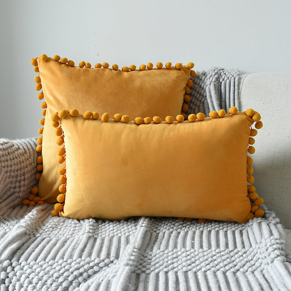 New Velvet Pom Pom Cushion Pillow Yellow Orange Square