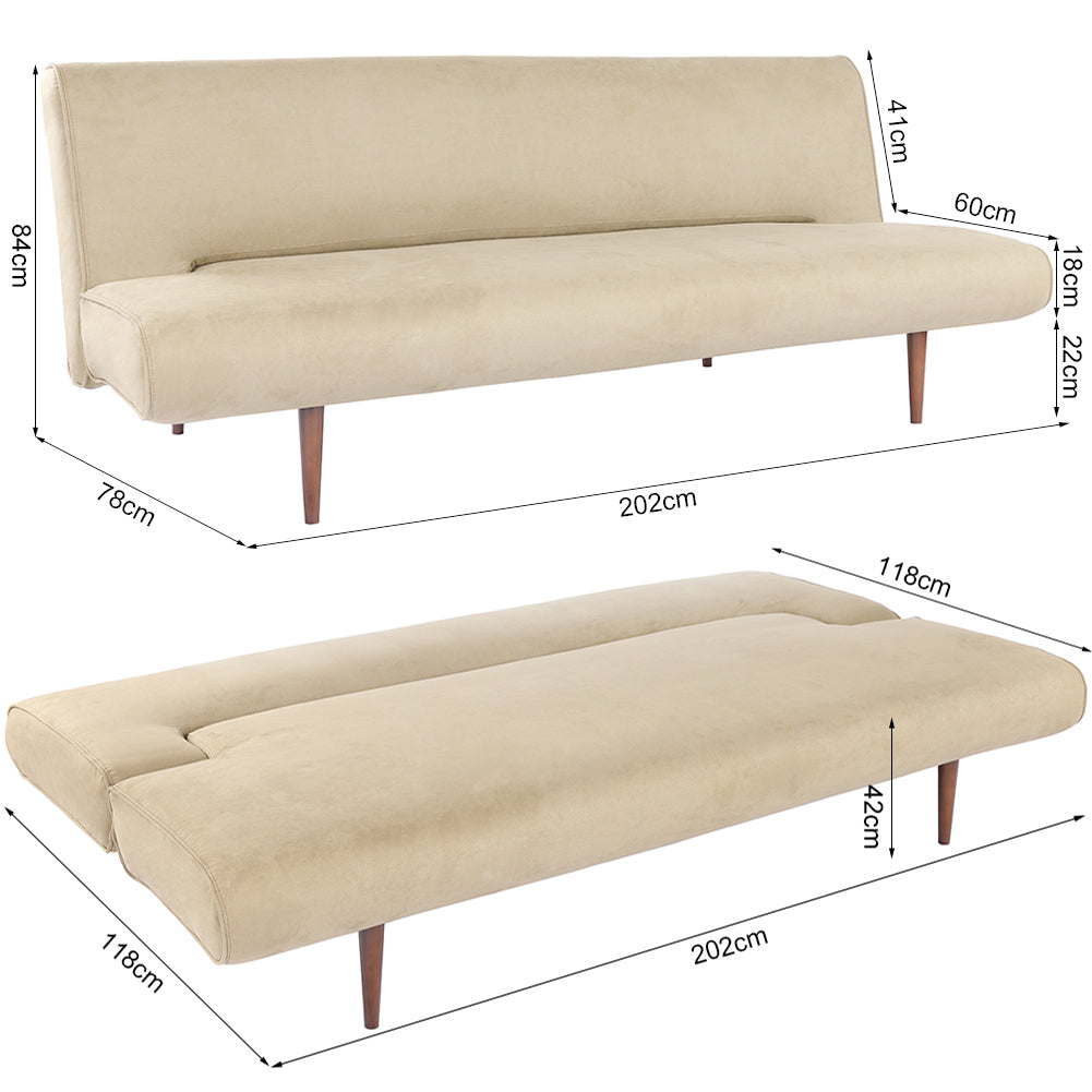 Khaki 3 Seater Upholstered Sofa Bed Couch with Wood Legs