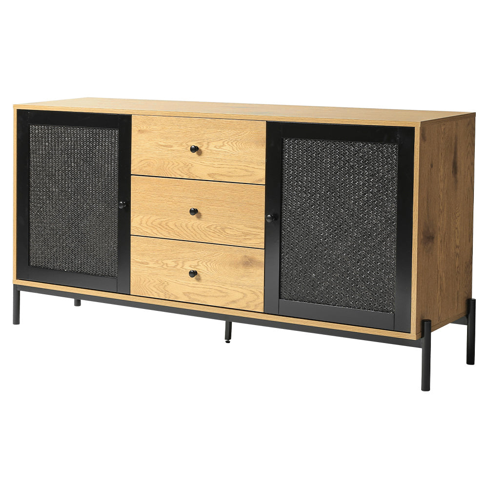 New Storage Cabinet with 2 Cupboard Black Rattan Doors and 3 Drawers