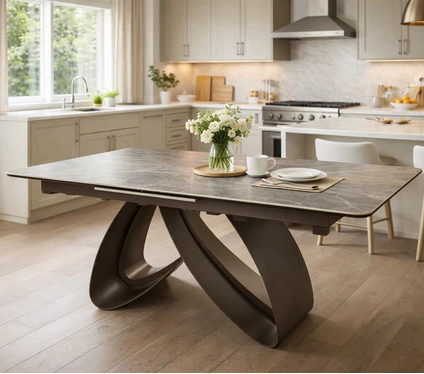 Extendable Dining Table Ceramic Table Top with Metal Pedestal Base Grey